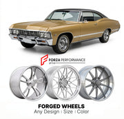 CUSTOM CLASSIC VINTAGE RESTOMOD RETRO OLD SCHOOL FORGED WHEELS RIMS for CHEVROLET IMPALA SS 1965 - 1970
Custom forged wheels for classic American muscle cars. Ideal for restomod builds, vintage restorations, and show cars. Deep dish and retro styling available.

We manufacture premium quality forged wheels rims for Chevrolet Impala SS 1965 - 1970 in any design, size, color.

THIS WHEEL DESIGN CAN BE CUSTOM-MADE FOR YOUR CAR IN ANY SIZE AND COLOR OPTIONS
Available in monoblock, 2-piece, 3-piece, duoblock, be