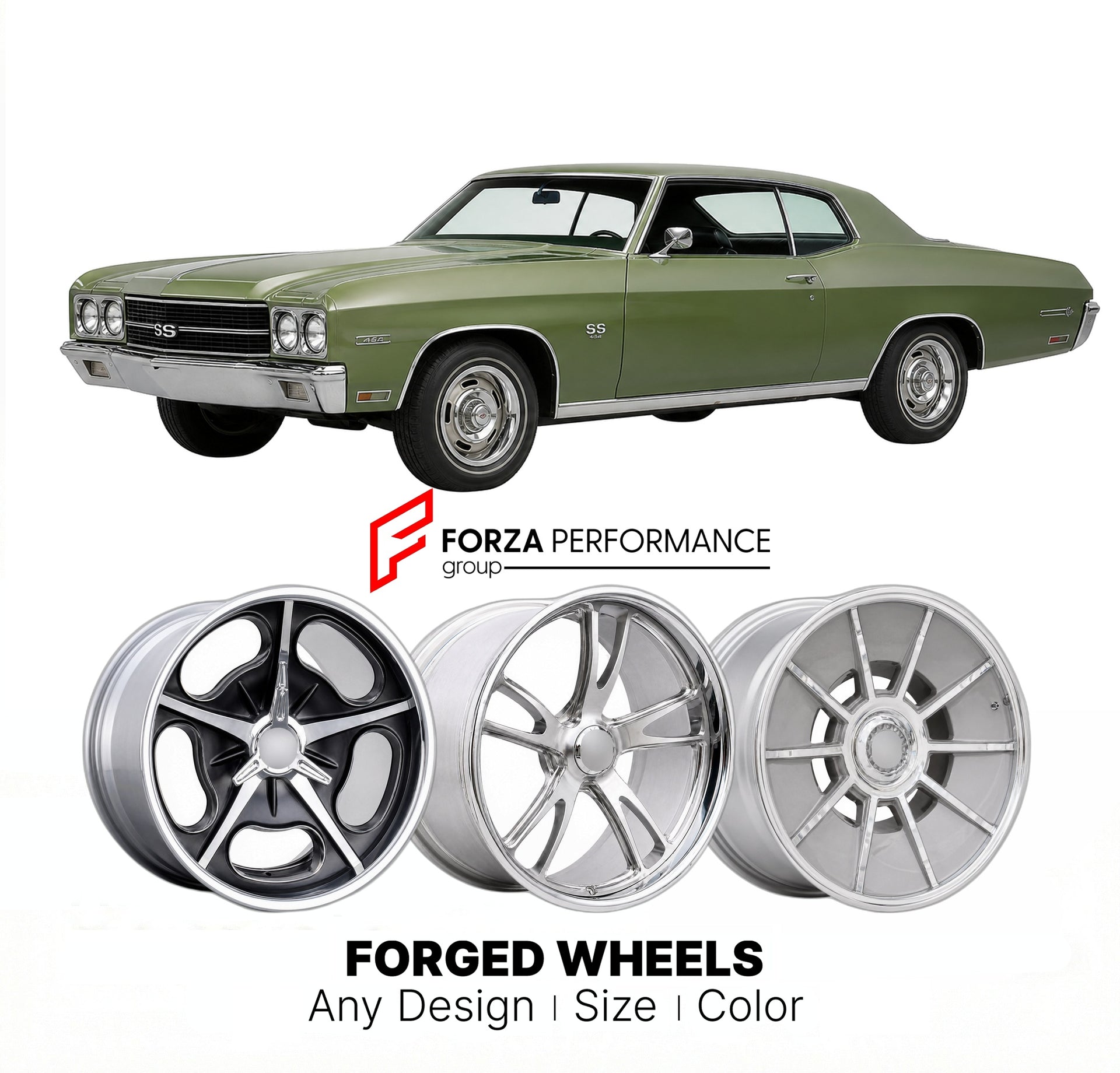 CUSTOM CLASSIC VINTAGE RESTOMOD RETRO OLD SCHOOL FORGED WHEELS RIMS for CHEVROLET IMPALA SS 1971 - 1976
Custom forged wheels for classic American muscle cars. Ideal for restomod builds, vintage restorations, and show cars. Deep dish and retro styling available.

We manufacture premium quality forged wheels rims for Chevrolet Impala SS 1971 - 1976 in any design, size, color.

THIS WHEEL DESIGN CAN BE CUSTOM-MADE FOR YOUR CAR IN ANY SIZE AND COLOR OPTIONS
Available in monoblock, 2-piece, 3-piece, duoblock, be