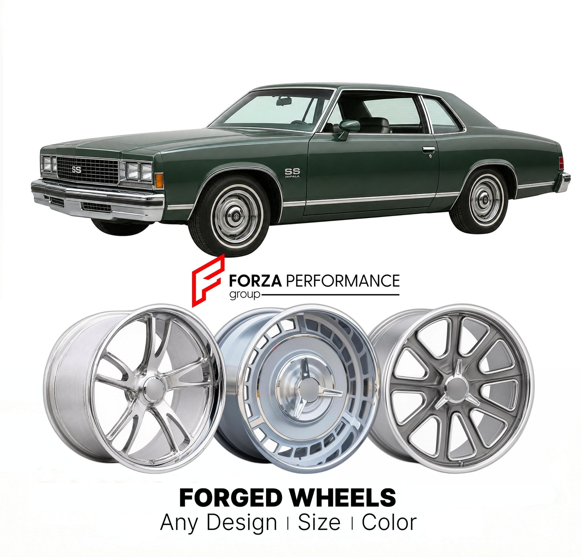 CUSTOM CLASSIC VINTAGE RESTOMOD RETRO OLD SCHOOL FORGED WHEELS RIMS for CHEVROLET IMPALA SS 1977 - 1985
Custom forged wheels for classic American muscle cars. Ideal for restomod builds, vintage restorations, and show cars. Deep dish and retro styling available.

We manufacture premium quality forged wheels rims for Chevrolet Impala SS 1977 - 1985 in any design, size, color.

THIS WHEEL DESIGN CAN BE CUSTOM-MADE FOR YOUR CAR IN ANY SIZE AND COLOR OPTIONS
Available in monoblock, 2-piece, 3-piece, duoblock, be