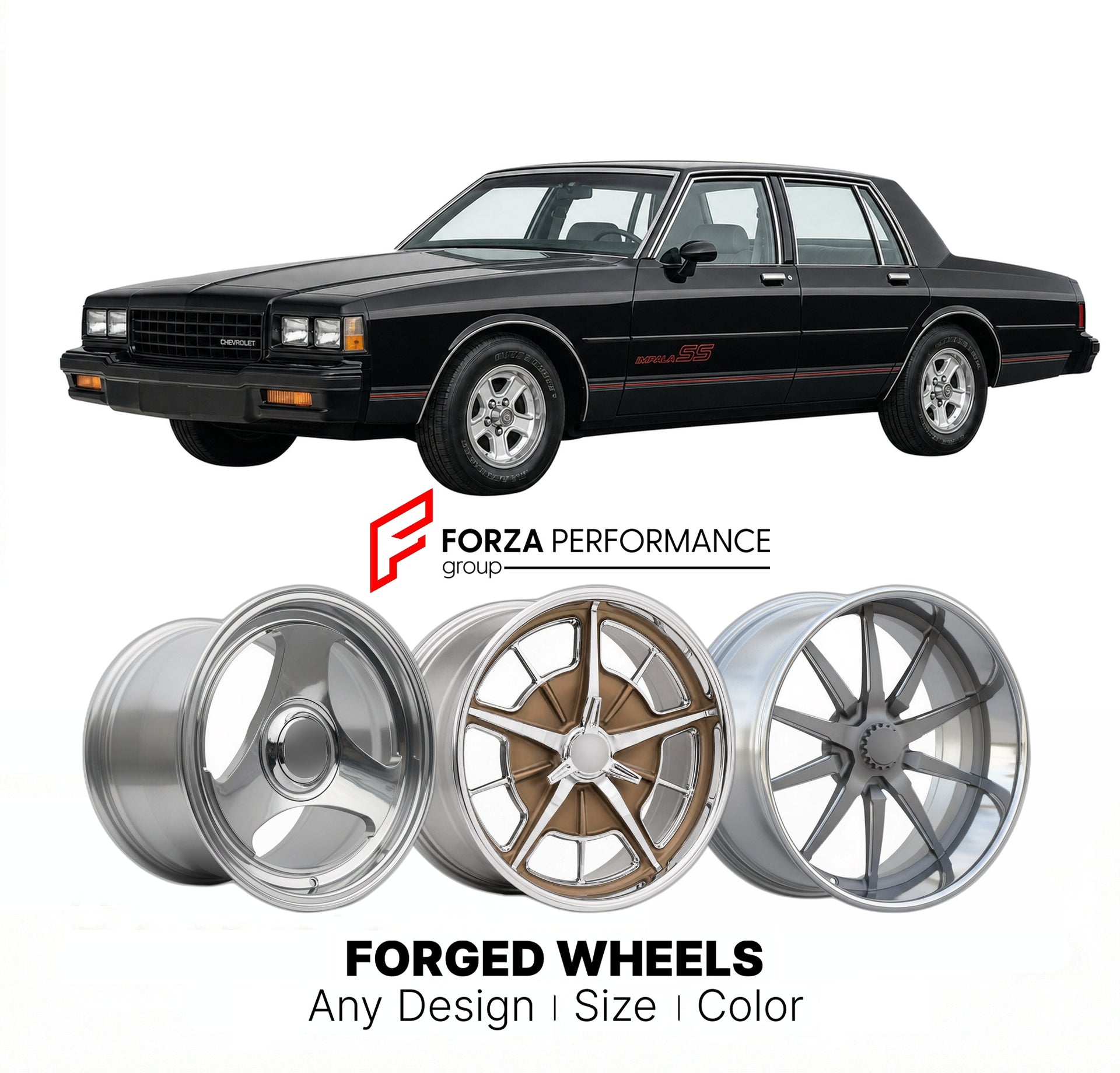 CUSTOM CLASSIC VINTAGE RESTOMOD RETRO OLD SCHOOL FORGED WHEELS RIMS for CHEVROLET IMPALA SS 1986 - 1990
Custom forged wheels for classic American muscle cars. Ideal for restomod builds, vintage restorations, and show cars. Deep dish and retro styling available.

We manufacture premium quality forged wheels rims for Chevrolet Impala SS 1986 - 1990 in any design, size, color.

THIS WHEEL DESIGN CAN BE CUSTOM-MADE FOR YOUR CAR IN ANY SIZE AND COLOR OPTIONS
Available in monoblock, 2-piece, 3-piece, duoblock, be