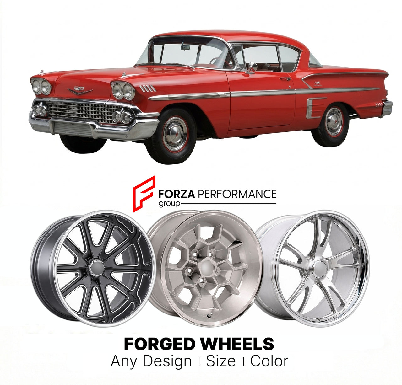 CUSTOM CLASSIC VINTAGE RESTOMOD RETRO OLD SCHOOL FORGED WHEELS RIMS for CHEVROLET IMPALA SPORT COUPE 1958 - 1964
Custom forged wheels for classic American muscle cars. Ideal for restomod builds, vintage restorations, and show cars. Deep dish and retro styling available.

We manufacture premium quality forged wheels rims for Chevrolet Impala Sport Coupe 1958 - 1964 in any design, size, color.

THIS WHEEL DESIGN CAN BE CUSTOM-MADE FOR YOUR CAR IN ANY SIZE AND COLOR OPTIONS
Available in monoblock, 2-piece, 3-p