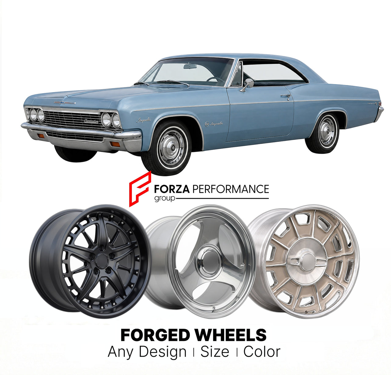 CUSTOM CLASSIC VINTAGE RESTOMOD RETRO OLD SCHOOL FORGED WHEELS RIMS for CHEVROLET IMPALA SPORT COUPE 1965 - 1970
Custom forged wheels for classic American muscle cars. Ideal for restomod builds, vintage restorations, and show cars. Deep dish and retro styling available.

We manufacture premium quality forged wheels rims for Chevrolet Impala Sport Coupe 1965 - 1970 in any design, size, color.

THIS WHEEL DESIGN CAN BE CUSTOM-MADE FOR YOUR CAR IN ANY SIZE AND COLOR OPTIONS
Available in monoblock, 2-piece, 3-p