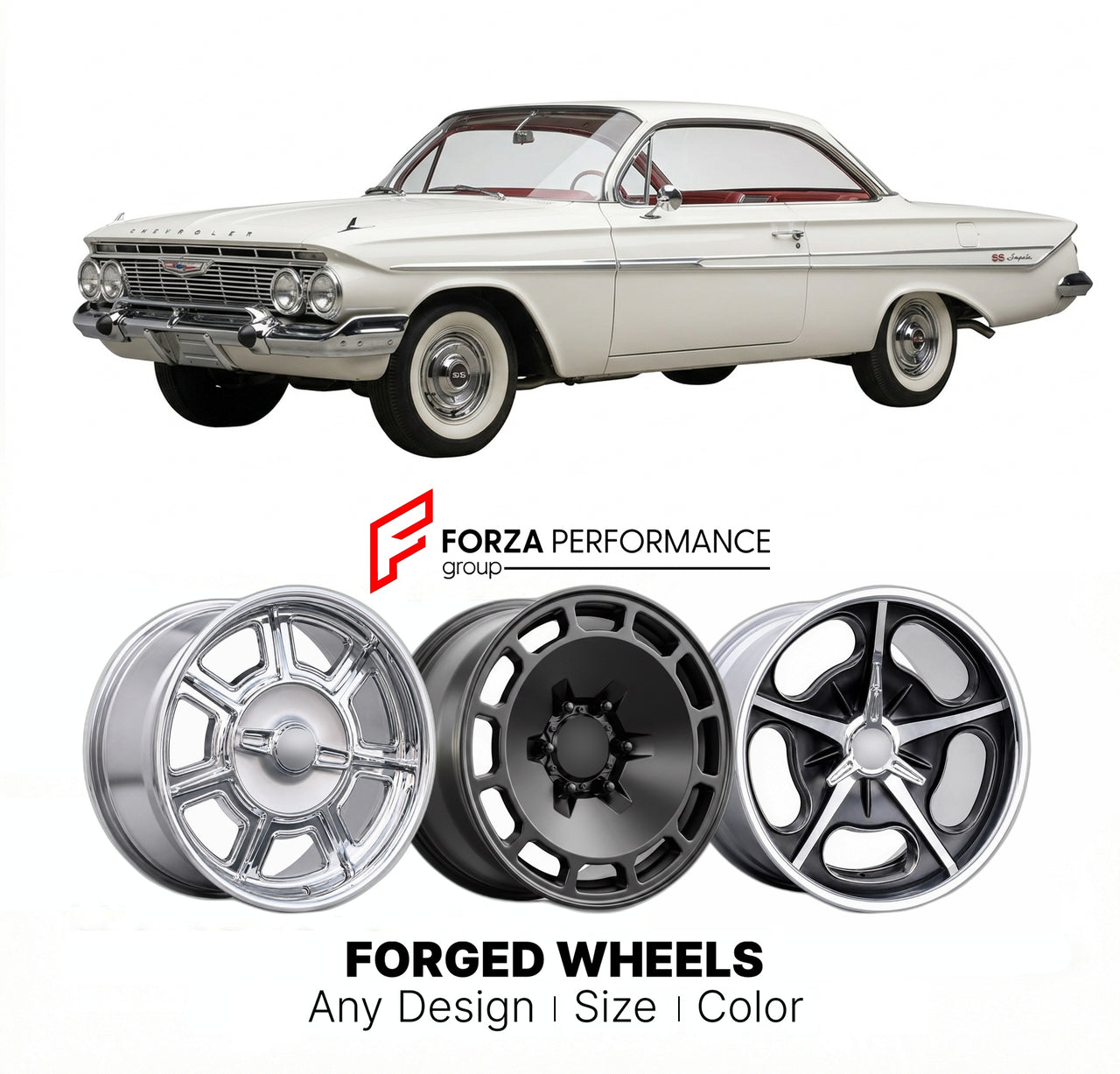 CUSTOM CLASSIC VINTAGE RESTOMOD RETRO OLD SCHOOL FORGED WHEELS RIMS for CHEVROLET IMPALA SUPER SPORT 1961 - 1964
Custom forged wheels for classic American muscle cars. Ideal for restomod builds, vintage restorations, and show cars. Deep dish and retro styling available.

We manufacture premium quality forged wheels rims for Chevrolet Impala Super Sport 1961 - 1964 in any design, size, color.

THIS WHEEL DESIGN CAN BE CUSTOM-MADE FOR YOUR CAR IN ANY SIZE AND COLOR OPTIONS
Available in monoblock, 2-piece, 3-p