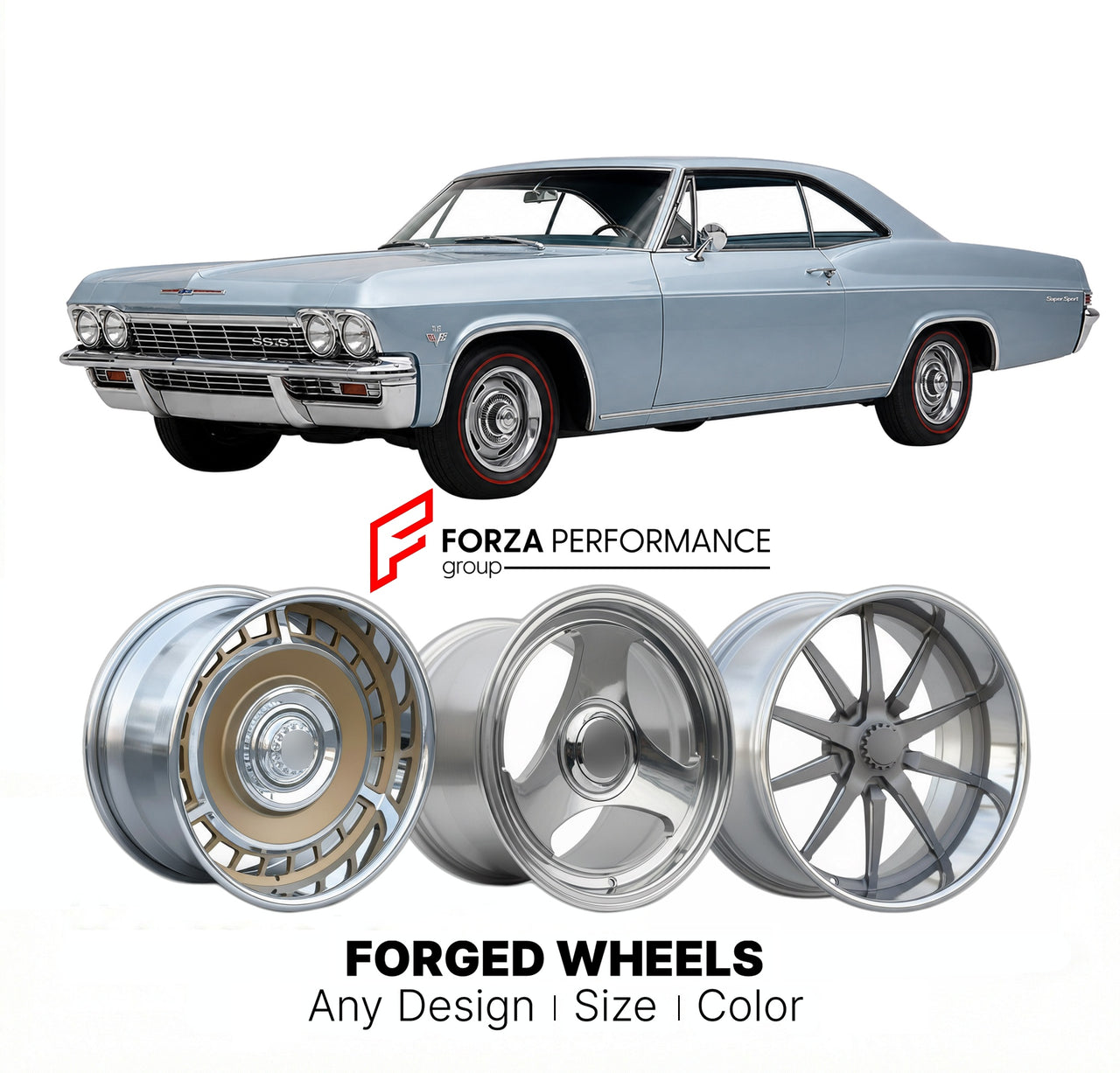 CUSTOM CLASSIC VINTAGE RESTOMOD RETRO OLD SCHOOL FORGED WHEELS RIMS for CHEVROLET IMPALA SUPER SPORT 1965 - 1969
Custom forged wheels for classic American muscle cars. Ideal for restomod builds, vintage restorations, and show cars. Deep dish and retro styling available.

We manufacture premium quality forged wheels rims for Chevrolet Impala Super Sport 1965 - 1969 in any design, size, color.

THIS WHEEL DESIGN CAN BE CUSTOM-MADE FOR YOUR CAR IN ANY SIZE AND COLOR OPTIONS
Available in monoblock, 2-piece, 3-p