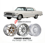 CUSTOM CLASSIC VINTAGE RESTOMOD RETRO OLD SCHOOL FORGED WHEELS RIMS for CHEVROLET IMPALA Z11 1963 - 1963
Custom forged wheels for classic American muscle cars. Ideal for restomod builds, vintage restorations, and show cars. Deep dish and retro styling available.

We manufacture premium quality forged wheels rims for Chevrolet Impala Z11 1963 - 1963 in any design, size, color.

THIS WHEEL DESIGN CAN BE CUSTOM-MADE FOR YOUR CAR IN ANY SIZE AND COLOR OPTIONS
Available in monoblock, 2-piece, 3-piece, duoblock, 