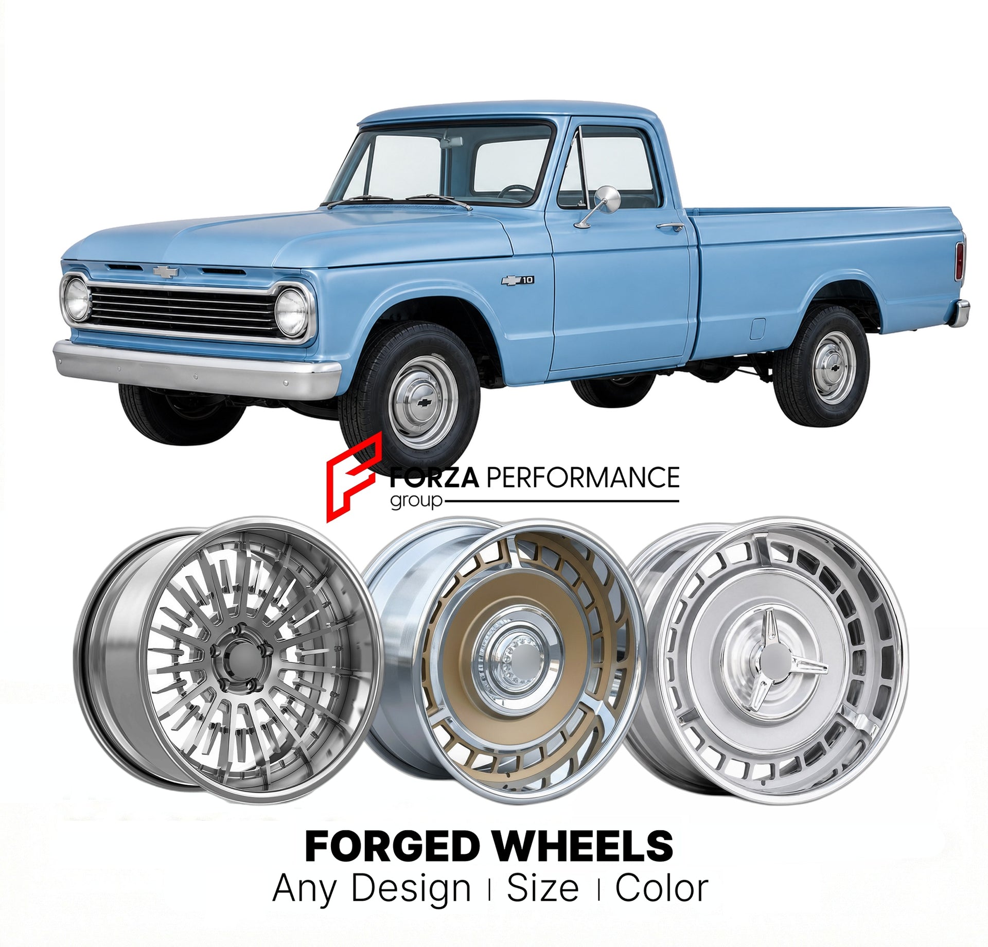 CUSTOM CLASSIC VINTAGE RESTOMOD RETRO OLD SCHOOL FORGED WHEELS RIMS for CHEVROLET K10 1960 - 1966
Custom forged wheels for classic American muscle cars. Ideal for restomod builds, vintage restorations, and show cars. Deep dish and retro styling available.

We manufacture premium quality forged wheels rims for Chevrolet K10 1960 - 1966 in any design, size, color.

THIS WHEEL DESIGN CAN BE CUSTOM-MADE FOR YOUR CAR IN ANY SIZE AND COLOR OPTIONS
Available in monoblock, 2-piece, 3-piece, duoblock, beadlock
3D wh