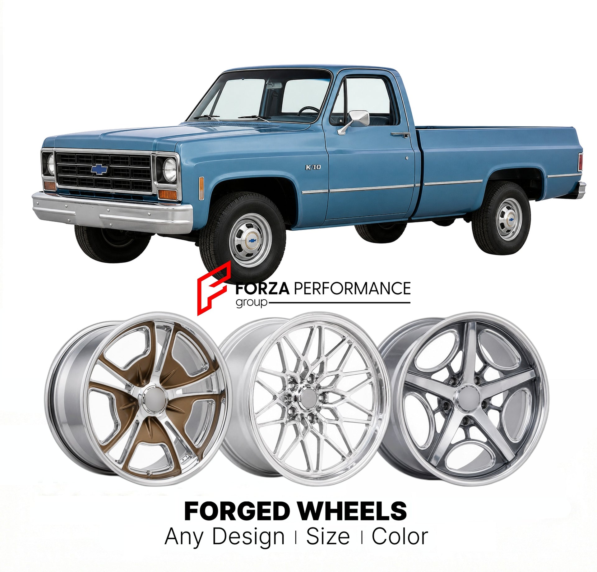 CUSTOM CLASSIC VINTAGE RESTOMOD RETRO OLD SCHOOL FORGED WHEELS RIMS for CHEVROLET K10 1973 - 1986
Custom forged wheels for classic American muscle cars. Ideal for restomod builds, vintage restorations, and show cars. Deep dish and retro styling available.

We manufacture premium quality forged wheels rims for Chevrolet K10 1973 - 1986 in any design, size, color.

THIS WHEEL DESIGN CAN BE CUSTOM-MADE FOR YOUR CAR IN ANY SIZE AND COLOR OPTIONS
Available in monoblock, 2-piece, 3-piece, duoblock, beadlock
3D wh