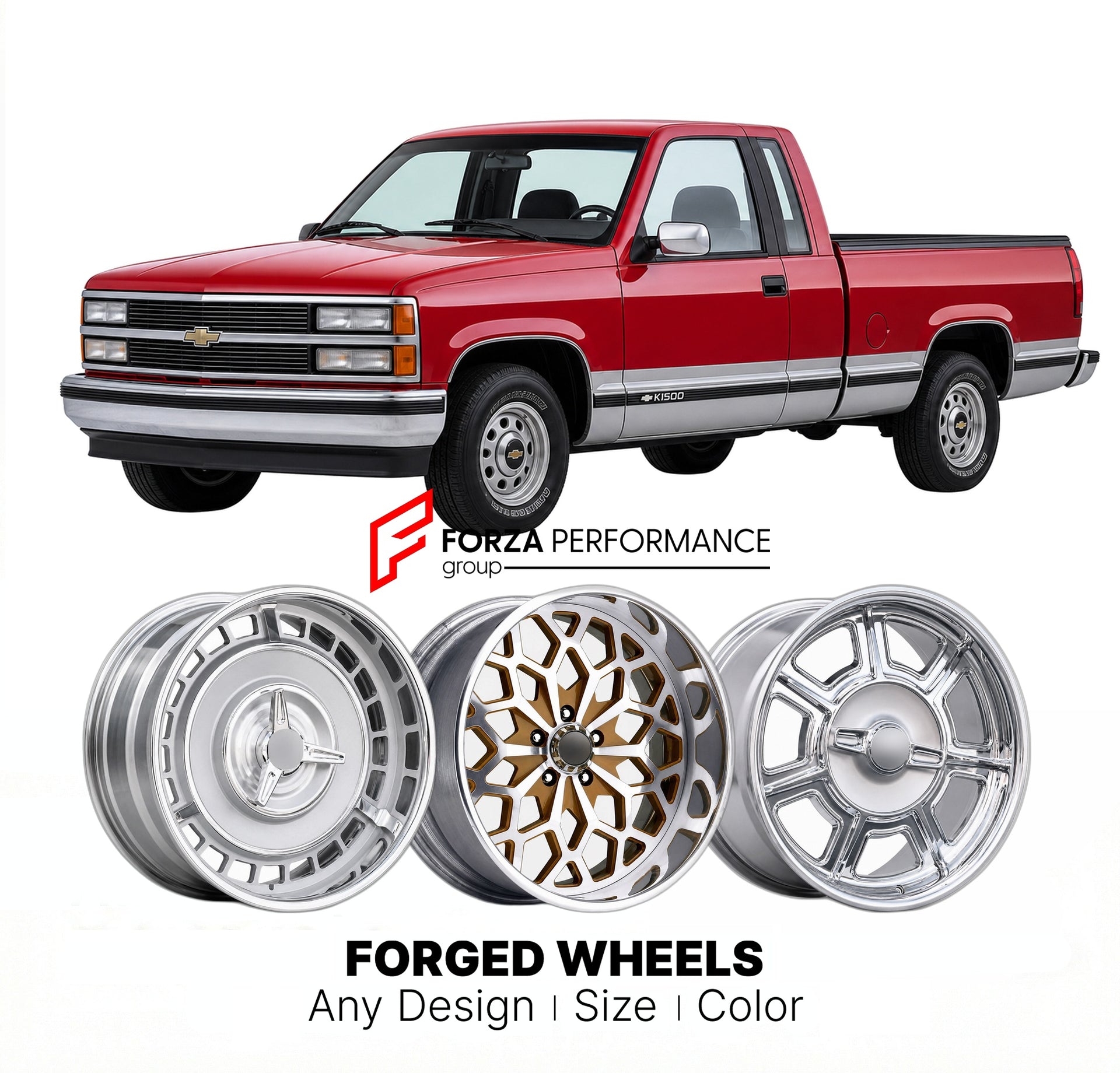 CUSTOM CLASSIC VINTAGE RESTOMOD RETRO OLD SCHOOL FORGED WHEELS RIMS for CHEVROLET K1500 1988 - 1990
Custom forged wheels for classic American muscle cars. Ideal for restomod builds, vintage restorations, and show cars. Deep dish and retro styling available.

We manufacture premium quality forged wheels rims for Chevrolet K1500 1988 - 1990 in any design, size, color.

THIS WHEEL DESIGN CAN BE CUSTOM-MADE FOR YOUR CAR IN ANY SIZE AND COLOR OPTIONS
Available in monoblock, 2-piece, 3-piece, duoblock, beadlock
3