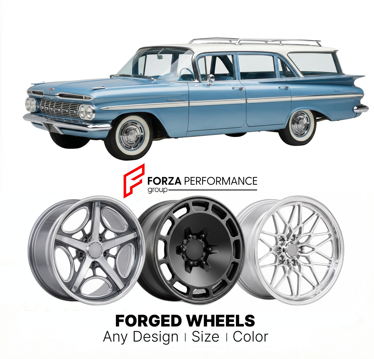 CUSTOM CLASSIC VINTAGE RESTOMOD RETRO OLD SCHOOL FORGED WHEELS RIMS for CHEVROLET KINGSWOOD 1959 - 1972
Custom forged wheels for classic American muscle cars. Ideal for restomod builds, vintage restorations, and show cars. Deep dish and retro styling available.

We manufacture premium quality forged wheels rims for Chevrolet Kingswood 1959 - 1972 in any design, size, color.

THIS WHEEL DESIGN CAN BE CUSTOM-MADE FOR YOUR CAR IN ANY SIZE AND COLOR OPTIONS
Available in monoblock, 2-piece, 3-piece, duoblock, be