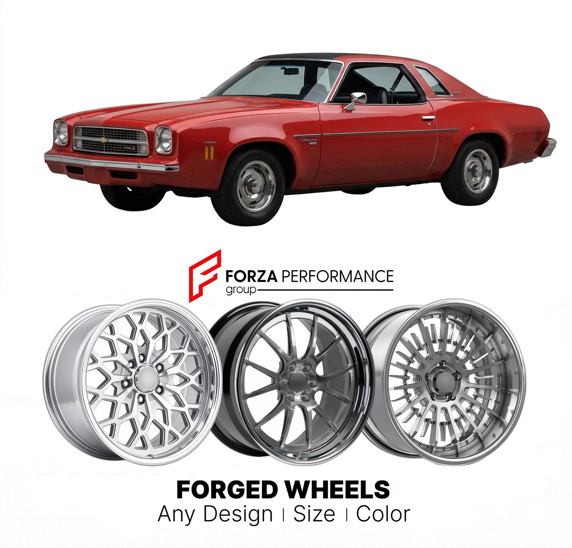 CUSTOM CLASSIC VINTAGE RESTOMOD RETRO OLD SCHOOL FORGED WHEELS RIMS for CHEVROLET LAGUNA 1973 - 1976
Custom forged wheels for classic American muscle cars. Ideal for restomod builds, vintage restorations, and show cars. Deep dish and retro styling available.

We manufacture premium quality forged wheels rims for Chevrolet Laguna 1973 - 1976 in any design, size, color.

THIS WHEEL DESIGN CAN BE CUSTOM-MADE FOR YOUR CAR IN ANY SIZE AND COLOR OPTIONS
Available in monoblock, 2-piece, 3-piece, duoblock, beadlock