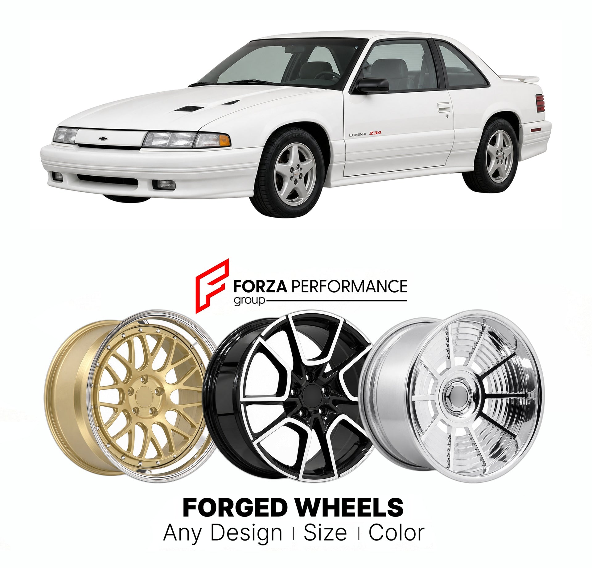 FORGED WHEELS RIMS for CHEVROLET LUMINA Z34 1990 - 1994

Custom forged wheels for Chevrolet Lumina Z34 1990 - 1994. Made-to-order monoblock, 2-piece and 3-piece rims in custom sizes, offsets, colors and finishes with guaranteed fitment.

We manufacture premium quality forged wheels rims for Chevrolet Lumina Z34 1990 - 1994 in any design, size, color.

THIS WHEEL DESIGN CAN BE CUSTOM-MADE FOR YOUR CAR IN ANY SIZE AND COLOR OPTIONS
Available in monoblock, 2-piece, 3-piece, duoblock, beadlock
3D wheel renderin