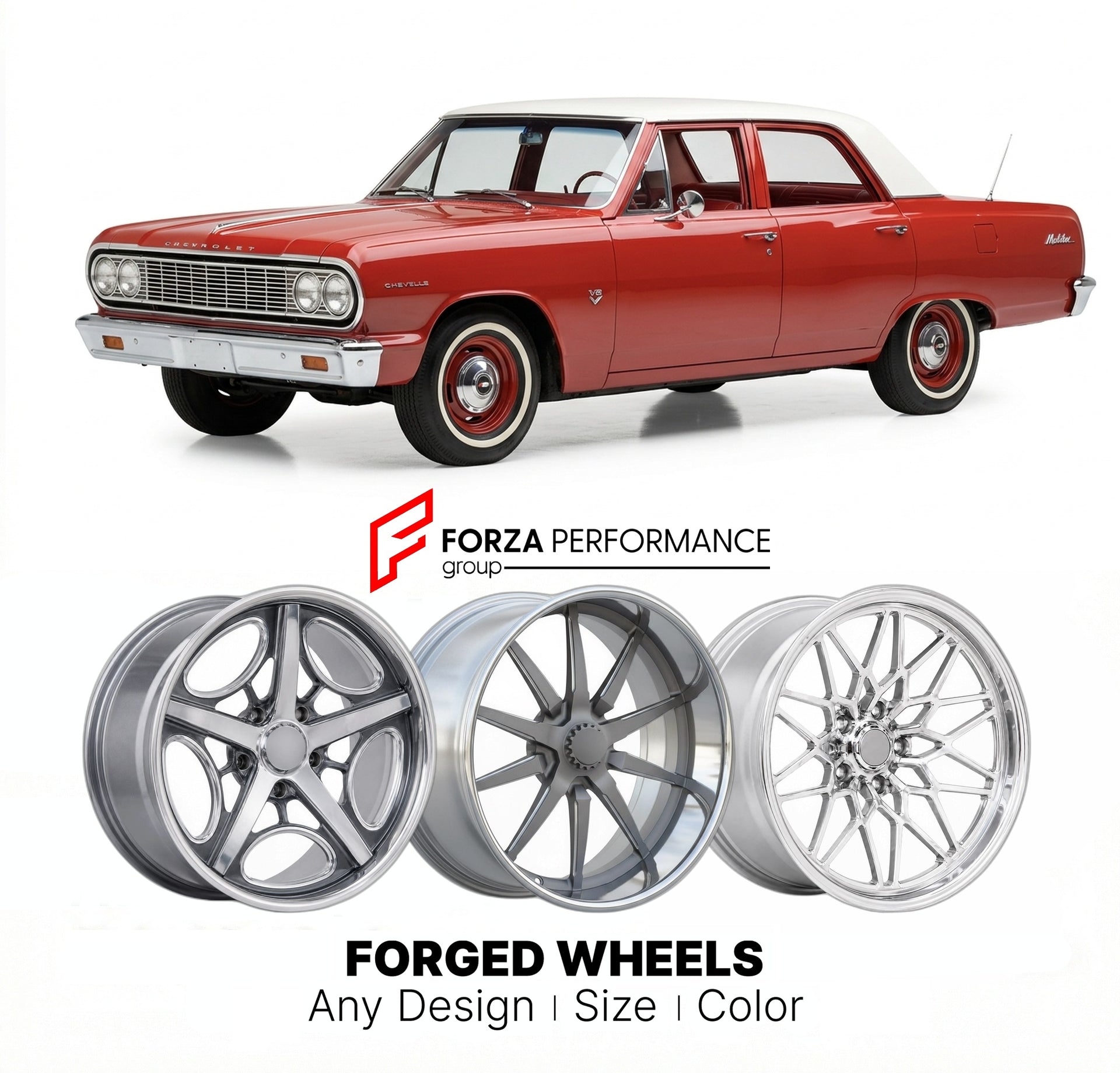 CUSTOM CLASSIC VINTAGE RESTOMOD RETRO OLD SCHOOL FORGED WHEELS RIMS for CHEVROLET MALIBU 1973 - 1977
Custom forged wheels for classic American muscle cars. Ideal for restomod builds, vintage restorations, and show cars. Deep dish and retro styling available.

We manufacture premium quality forged wheels rims for Chevrolet Malibu 1973 - 1977 in any design, size, color.

THIS WHEEL DESIGN CAN BE CUSTOM-MADE FOR YOUR CAR IN ANY SIZE AND COLOR OPTIONS
Available in monoblock, 2-piece, 3-piece, duoblock, beadlock