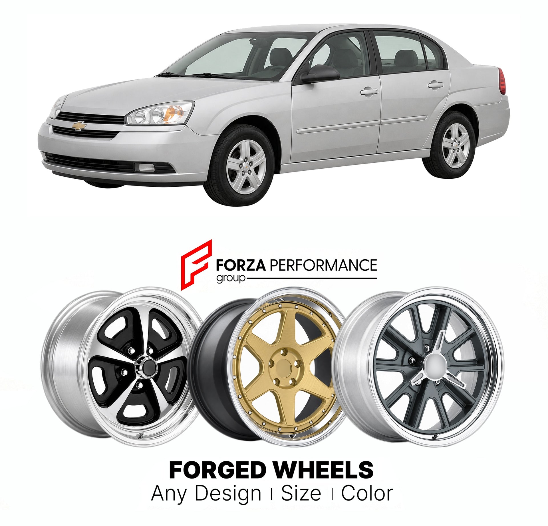 FORGED WHEELS RIMS for CHEVROLET MALIBU 2004 - 2008

Custom forged wheels for Chevrolet Malibu 2004 - 2008. Made-to-order monoblock, 2-piece and 3-piece rims in custom sizes, offsets, colors and finishes with guaranteed fitment.

We manufacture premium quality forged wheels rims for Chevrolet Malibu 2004 - 2008 in any design, size, color.

THIS WHEEL DESIGN CAN BE CUSTOM-MADE FOR YOUR CAR IN ANY SIZE AND COLOR OPTIONS
Available in monoblock, 2-piece, 3-piece, duoblock, beadlock
3D wheel renderings are provi