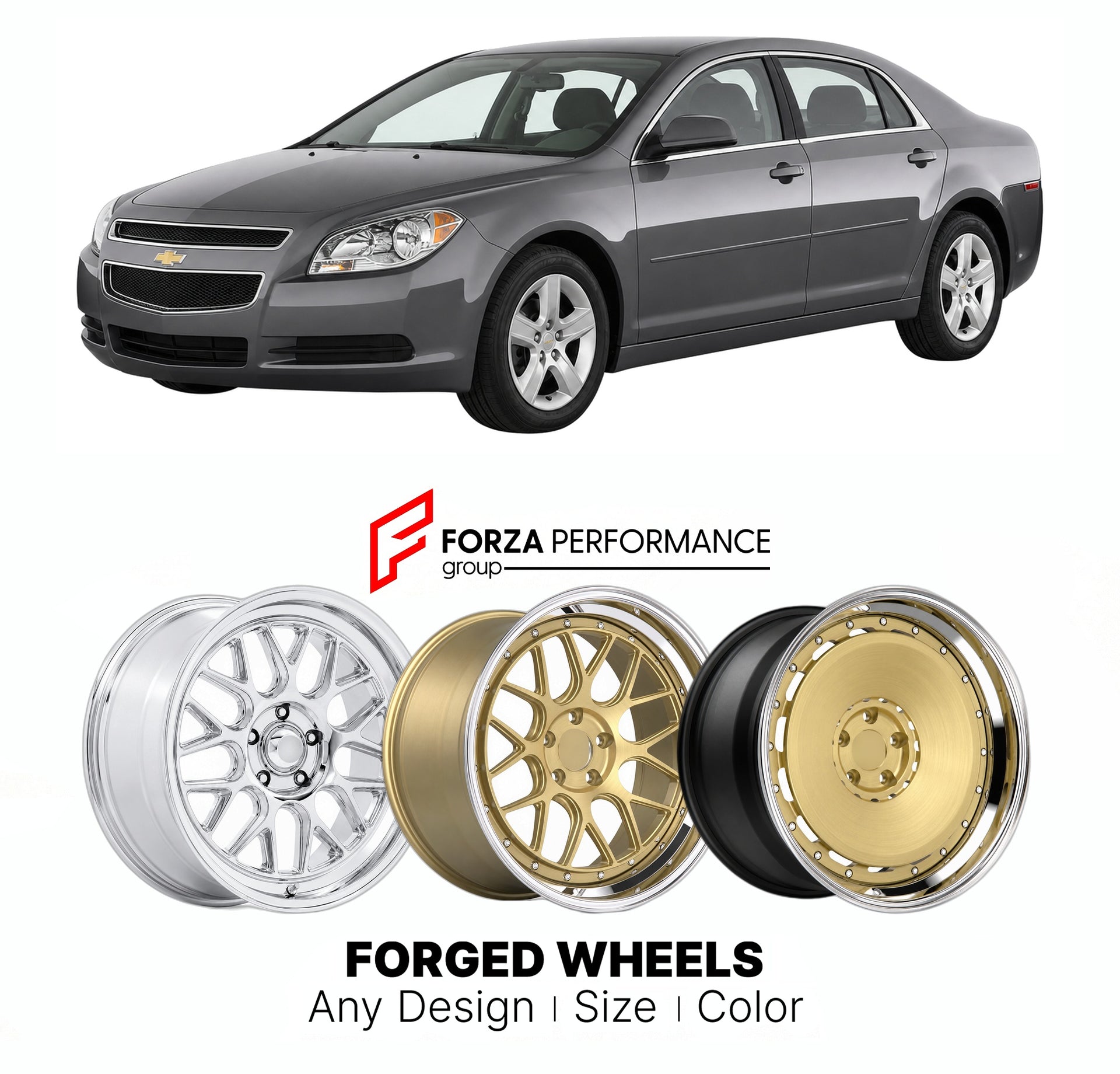 FORGED WHEELS RIMS for CHEVROLET MALIBU 2008 - 2012

Custom forged wheels for Chevrolet Malibu 2008 - 2012. Made-to-order monoblock, 2-piece and 3-piece rims in custom sizes, offsets, colors and finishes with guaranteed fitment.

We manufacture premium quality forged wheels rims for Chevrolet Malibu 2008 - 2012 in any design, size, color.

THIS WHEEL DESIGN CAN BE CUSTOM-MADE FOR YOUR CAR IN ANY SIZE AND COLOR OPTIONS
Available in monoblock, 2-piece, 3-piece, duoblock, beadlock
3D wheel renderings are provi
