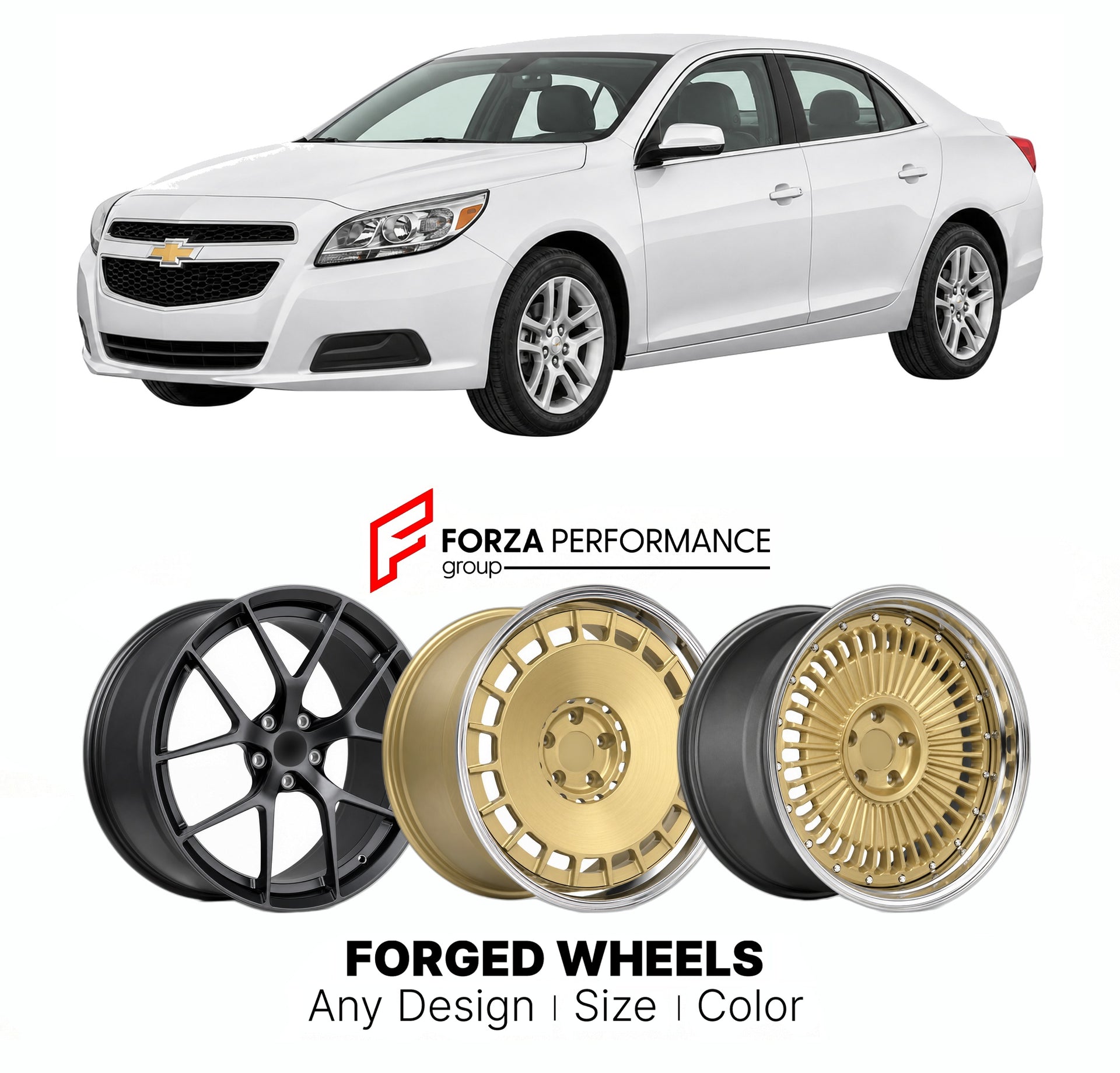 FORGED WHEELS RIMS for CHEVROLET MALIBU 2013 - 2015

Custom forged wheels for Chevrolet Malibu 2013 - 2015. Made-to-order monoblock, 2-piece and 3-piece rims in custom sizes, offsets, colors and finishes with guaranteed fitment.

We manufacture premium quality forged wheels rims for Chevrolet Malibu 2013 - 2015 in any design, size, color.

THIS WHEEL DESIGN CAN BE CUSTOM-MADE FOR YOUR CAR IN ANY SIZE AND COLOR OPTIONS
Available in monoblock, 2-piece, 3-piece, duoblock, beadlock
3D wheel renderings are provi