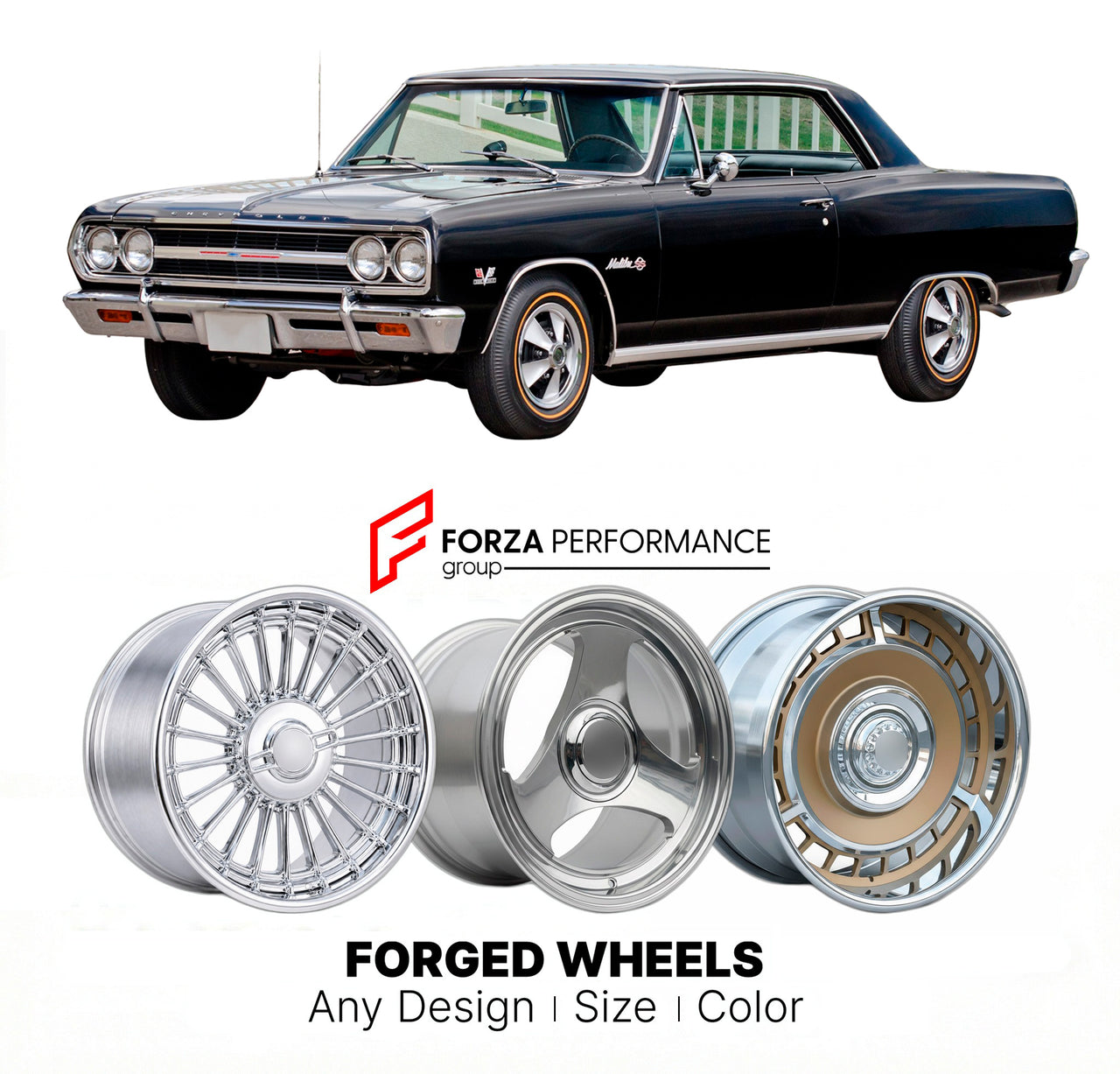 CUSTOM CLASSIC VINTAGE RESTOMOD RETRO OLD SCHOOL FORGED WHEELS RIMS for CHEVROLET MALIBU SS 1964 - 1967
Custom forged wheels for classic American muscle cars. Ideal for restomod builds, vintage restorations, and show cars. Deep dish and retro styling available.

We manufacture premium quality forged wheels rims for Chevrolet Malibu SS 1964 - 1967 in any design, size, color.

THIS WHEEL DESIGN CAN BE CUSTOM-MADE FOR YOUR CAR IN ANY SIZE AND COLOR OPTIONS
Available in monoblock, 2-piece, 3-piece, duoblock, be