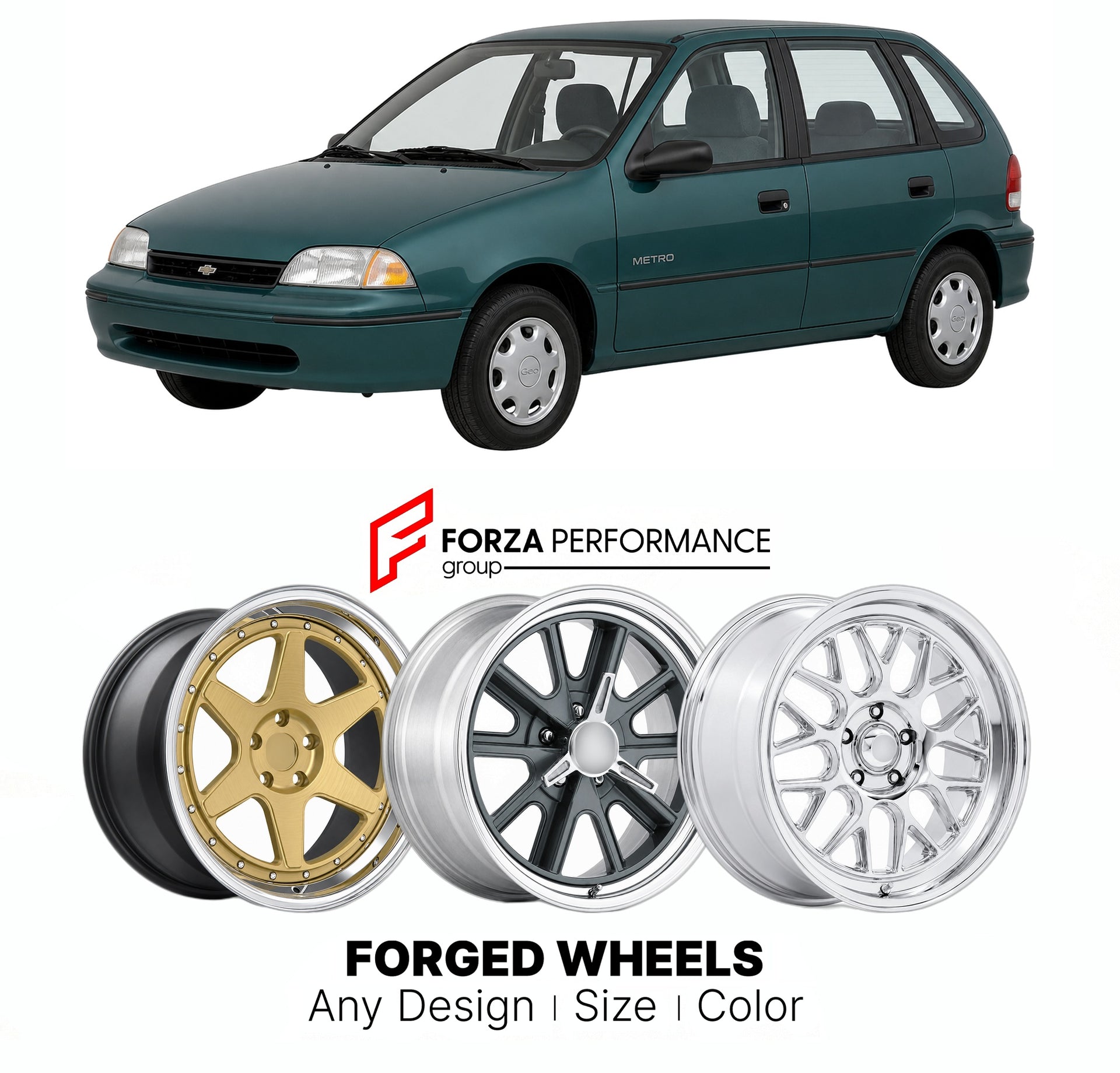 FORGED WHEELS RIMS for CHEVROLET METRO GEO 1998 - 2001

Custom forged wheels for Chevrolet Metro Geo 1998 - 2001. Made-to-order monoblock, 2-piece and 3-piece rims in custom sizes, offsets, colors and finishes with guaranteed fitment.

We manufacture premium quality forged wheels rims for Chevrolet Metro Geo 1998 - 2001 in any design, size, color.

THIS WHEEL DESIGN CAN BE CUSTOM-MADE FOR YOUR CAR IN ANY SIZE AND COLOR OPTIONS
Available in monoblock, 2-piece, 3-piece, duoblock, beadlock
3D wheel renderings 