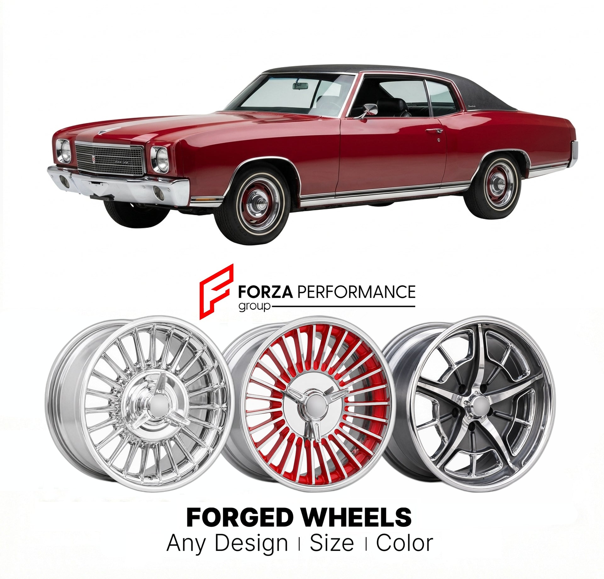 CUSTOM CLASSIC VINTAGE RESTOMOD RETRO OLD SCHOOL FORGED WHEELS RIMS for CHEVROLET MONTE CARLO 1970 - 1972
Custom forged wheels for classic American muscle cars. Ideal for restomod builds, vintage restorations, and show cars. Deep dish and retro styling available.

We manufacture premium quality forged wheels rims for Chevrolet Monte Carlo 1970 - 1972 in any design, size, color.

THIS WHEEL DESIGN CAN BE CUSTOM-MADE FOR YOUR CAR IN ANY SIZE AND COLOR OPTIONS
Available in monoblock, 2-piece, 3-piece, duoblock