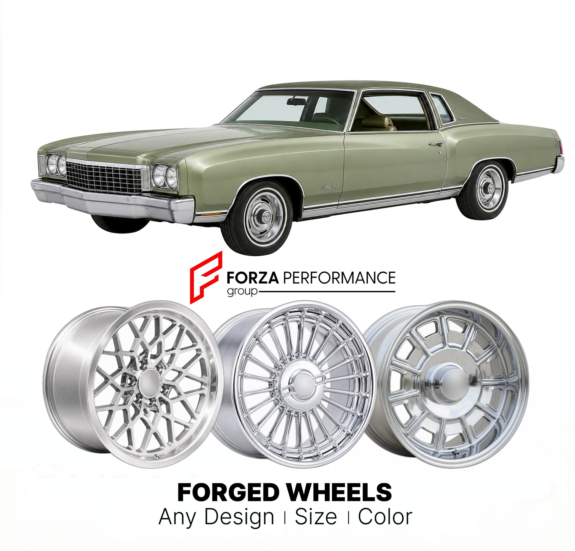 CUSTOM CLASSIC VINTAGE RESTOMOD RETRO OLD SCHOOL FORGED WHEELS RIMS for CHEVROLET MONTE CARLO 1973 - 1977
Custom forged wheels for classic American muscle cars. Ideal for restomod builds, vintage restorations, and show cars. Deep dish and retro styling available.

We manufacture premium quality forged wheels rims for Chevrolet Monte Carlo 1973 - 1977 in any design, size, color.

THIS WHEEL DESIGN CAN BE CUSTOM-MADE FOR YOUR CAR IN ANY SIZE AND COLOR OPTIONS
Available in monoblock, 2-piece, 3-piece, duoblock