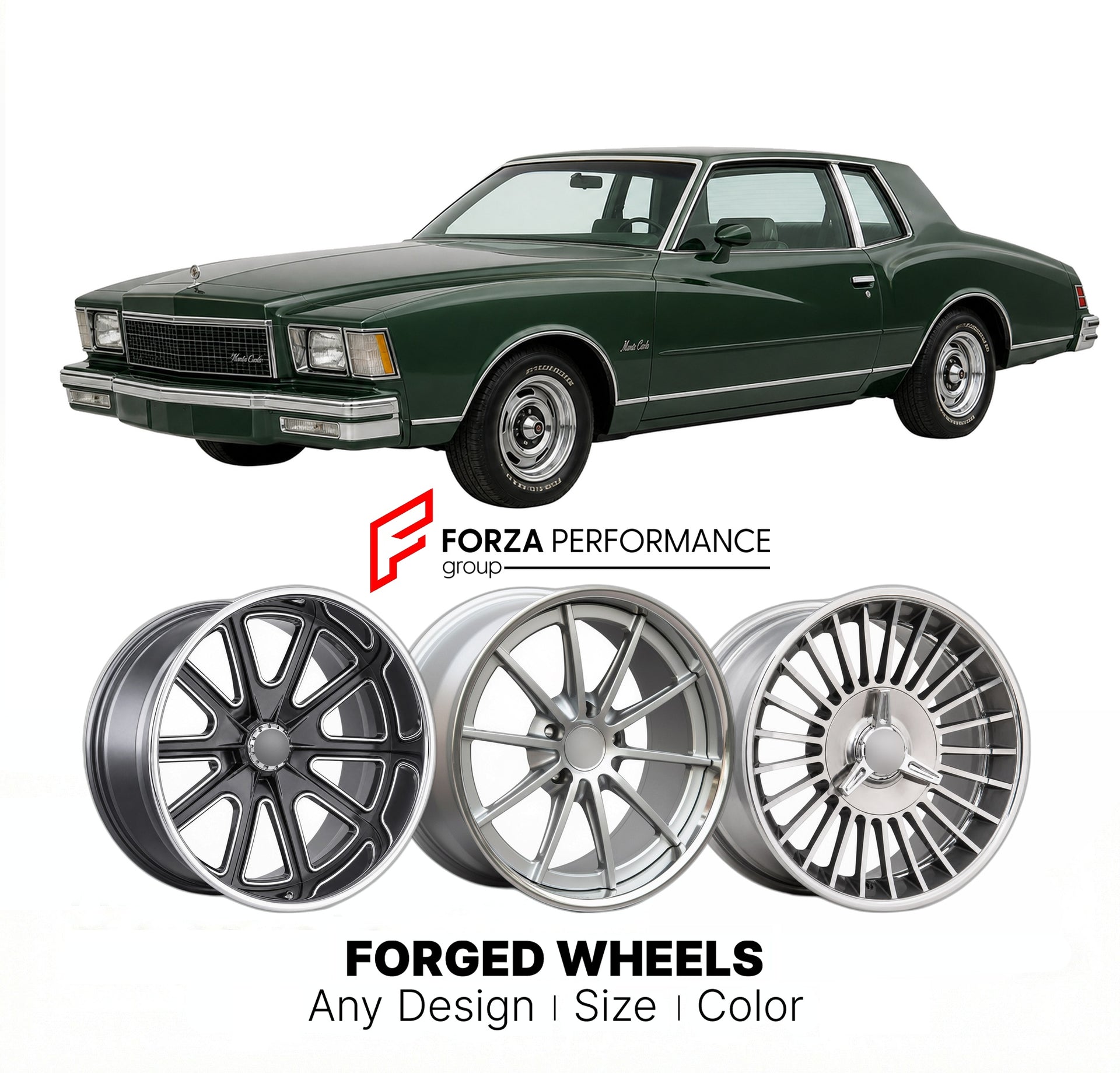 CUSTOM CLASSIC VINTAGE RESTOMOD RETRO OLD SCHOOL FORGED WHEELS RIMS for CHEVROLET MONTE CARLO 1978 - 1980
Custom forged wheels for classic American muscle cars. Ideal for restomod builds, vintage restorations, and show cars. Deep dish and retro styling available.

We manufacture premium quality forged wheels rims for Chevrolet Monte Carlo 1978 - 1980 in any design, size, color.

THIS WHEEL DESIGN CAN BE CUSTOM-MADE FOR YOUR CAR IN ANY SIZE AND COLOR OPTIONS
Available in monoblock, 2-piece, 3-piece, duoblock