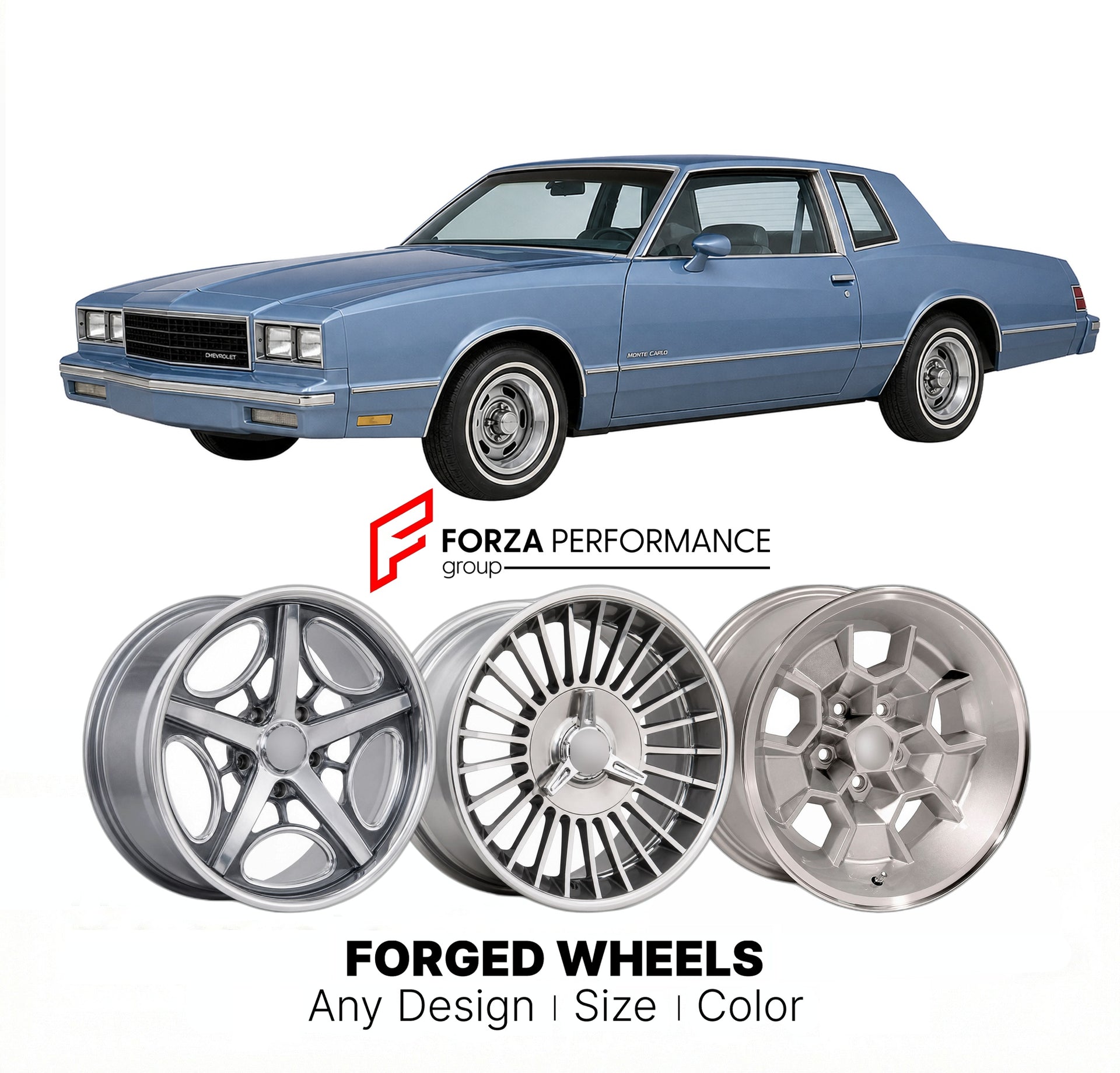CUSTOM CLASSIC VINTAGE RESTOMOD RETRO OLD SCHOOL FORGED WHEELS RIMS for CHEVROLET MONTE CARLO 1981 - 1988
Custom forged wheels for classic American muscle cars. Ideal for restomod builds, vintage restorations, and show cars. Deep dish and retro styling available.

We manufacture premium quality forged wheels rims for Chevrolet Monte Carlo 1981 - 1988 in any design, size, color.

THIS WHEEL DESIGN CAN BE CUSTOM-MADE FOR YOUR CAR IN ANY SIZE AND COLOR OPTIONS
Available in monoblock, 2-piece, 3-piece, duoblock