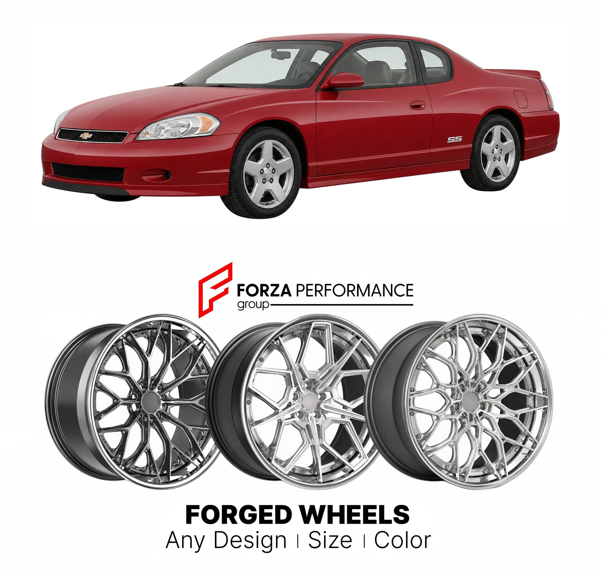FORGED WHEELS RIMS for CHEVROLET MONTE CARLO SS 2006 - 2007

Custom forged wheels for Chevrolet Monte Carlo SS 2006 - 2007. Made-to-order monoblock, 2-piece and 3-piece rims in custom sizes, offsets, colors and finishes with guaranteed fitment.

We manufacture premium quality forged wheels rims for Chevrolet Monte Carlo SS 2006 - 2007 in any design, size, color.

THIS WHEEL DESIGN CAN BE CUSTOM-MADE FOR YOUR CAR IN ANY SIZE AND COLOR OPTIONS
Available in monoblock, 2-piece, 3-piece, duoblock, beadlock
3D wh