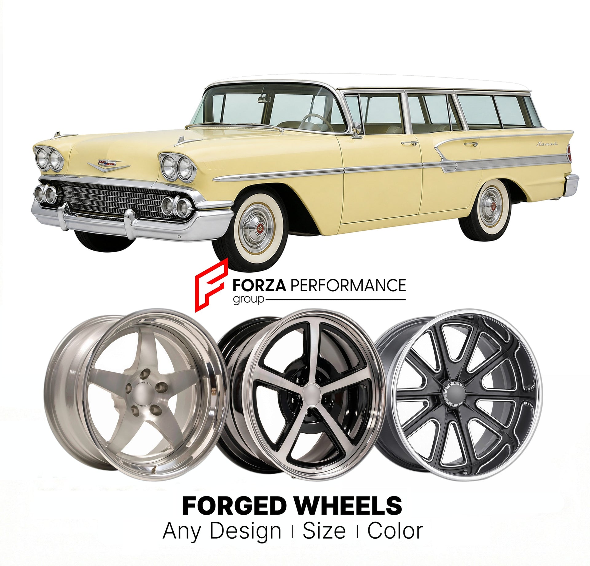 CUSTOM CLASSIC VINTAGE RESTOMOD RETRO OLD SCHOOL FORGED WHEELS RIMS for CHEVROLET NOMAD 1958 - 1972
Custom forged wheels for classic American muscle cars. Ideal for restomod builds, vintage restorations, and show cars. Deep dish and retro styling available.

We manufacture premium quality forged wheels rims for Chevrolet Nomad 1958 - 1972 in any design, size, color.

THIS WHEEL DESIGN CAN BE CUSTOM-MADE FOR YOUR CAR IN ANY SIZE AND COLOR OPTIONS
Available in monoblock, 2-piece, 3-piece, duoblock, beadlock
3