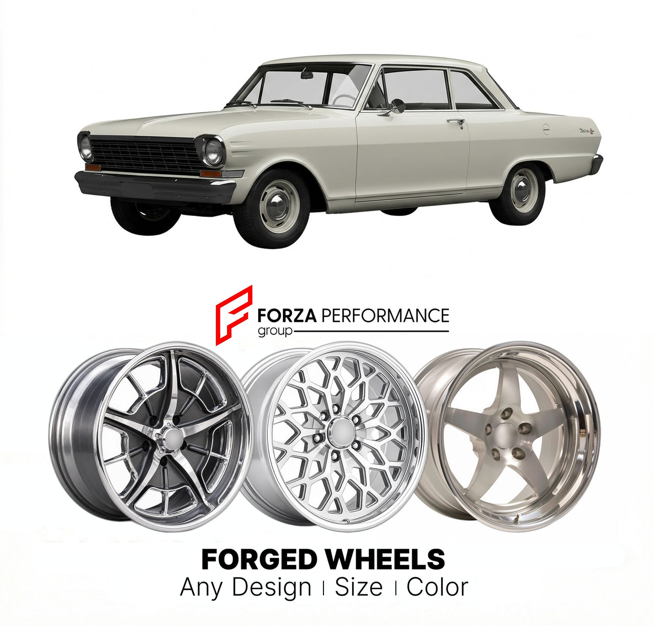 CUSTOM CLASSIC VINTAGE RESTOMOD RETRO OLD SCHOOL FORGED WHEELS RIMS for CHEVROLET NOVA 1962 - 1965
Custom forged wheels for classic American muscle cars. Ideal for restomod builds, vintage restorations, and show cars. Deep dish and retro styling available.

We manufacture premium quality forged wheels rims for Chevrolet Nova 1962 - 1965 in any design, size, color.

THIS WHEEL DESIGN CAN BE CUSTOM-MADE FOR YOUR CAR IN ANY SIZE AND COLOR OPTIONS
Available in monoblock, 2-piece, 3-piece, duoblock, beadlock
3D 