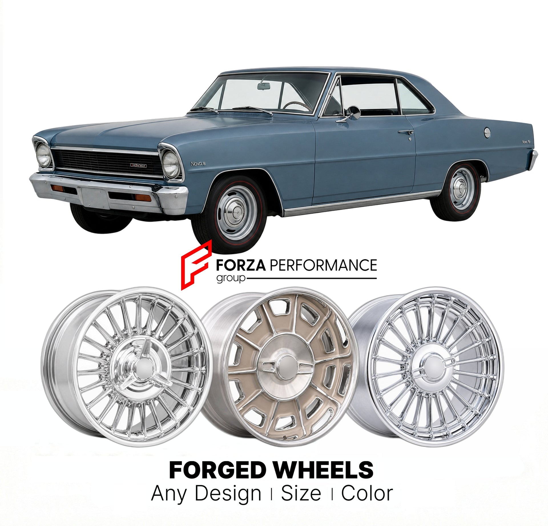 CUSTOM CLASSIC VINTAGE RESTOMOD RETRO OLD SCHOOL FORGED WHEELS RIMS for CHEVROLET NOVA 1966 - 1967
Custom forged wheels for classic American muscle cars. Ideal for restomod builds, vintage restorations, and show cars. Deep dish and retro styling available.

We manufacture premium quality forged wheels rims for Chevrolet Nova 1966 - 1967 in any design, size, color.

THIS WHEEL DESIGN CAN BE CUSTOM-MADE FOR YOUR CAR IN ANY SIZE AND COLOR OPTIONS
Available in monoblock, 2-piece, 3-piece, duoblock, beadlock
3D 