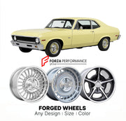 CUSTOM CLASSIC VINTAGE RESTOMOD RETRO OLD SCHOOL FORGED WHEELS RIMS for CHEVROLET NOVA 1968 - 1972
Custom forged wheels for classic American muscle cars. Ideal for restomod builds, vintage restorations, and show cars. Deep dish and retro styling available.

We manufacture premium quality forged wheels rims for Chevrolet Nova 1968 - 1972 in any design, size, color.

THIS WHEEL DESIGN CAN BE CUSTOM-MADE FOR YOUR CAR IN ANY SIZE AND COLOR OPTIONS
Available in monoblock, 2-piece, 3-piece, duoblock, beadlock
3D 