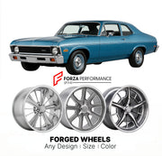 CUSTOM CLASSIC VINTAGE RESTOMOD RETRO OLD SCHOOL FORGED WHEELS RIMS for CHEVROLET NOVA 1973 - 1974
Custom forged wheels for classic American muscle cars. Ideal for restomod builds, vintage restorations, and show cars. Deep dish and retro styling available.

We manufacture premium quality forged wheels rims for Chevrolet Nova 1973 - 1974 in any design, size, color.

THIS WHEEL DESIGN CAN BE CUSTOM-MADE FOR YOUR CAR IN ANY SIZE AND COLOR OPTIONS
Available in monoblock, 2-piece, 3-piece, duoblock, beadlock
3D 