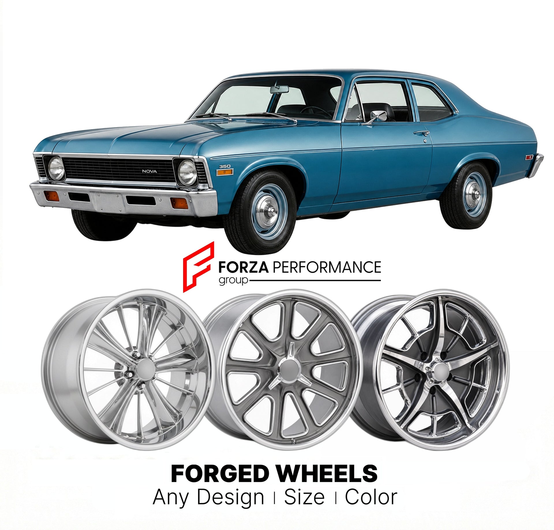 CUSTOM CLASSIC VINTAGE RESTOMOD RETRO OLD SCHOOL FORGED WHEELS RIMS for CHEVROLET NOVA 1973 - 1974
Custom forged wheels for classic American muscle cars. Ideal for restomod builds, vintage restorations, and show cars. Deep dish and retro styling available.

We manufacture premium quality forged wheels rims for Chevrolet Nova 1973 - 1974 in any design, size, color.

THIS WHEEL DESIGN CAN BE CUSTOM-MADE FOR YOUR CAR IN ANY SIZE AND COLOR OPTIONS
Available in monoblock, 2-piece, 3-piece, duoblock, beadlock
3D 
