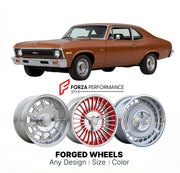 CUSTOM CLASSIC VINTAGE RESTOMOD RETRO OLD SCHOOL FORGED WHEELS RIMS for CHEVROLET NOVA 1975 - 1979
Custom forged wheels for classic American muscle cars. Ideal for restomod builds, vintage restorations, and show cars. Deep dish and retro styling available.

We manufacture premium quality forged wheels rims for Chevrolet Nova 1975 - 1979 in any design, size, color.

THIS WHEEL DESIGN CAN BE CUSTOM-MADE FOR YOUR CAR IN ANY SIZE AND COLOR OPTIONS
Available in monoblock, 2-piece, 3-piece, duoblock, beadlock
3D 