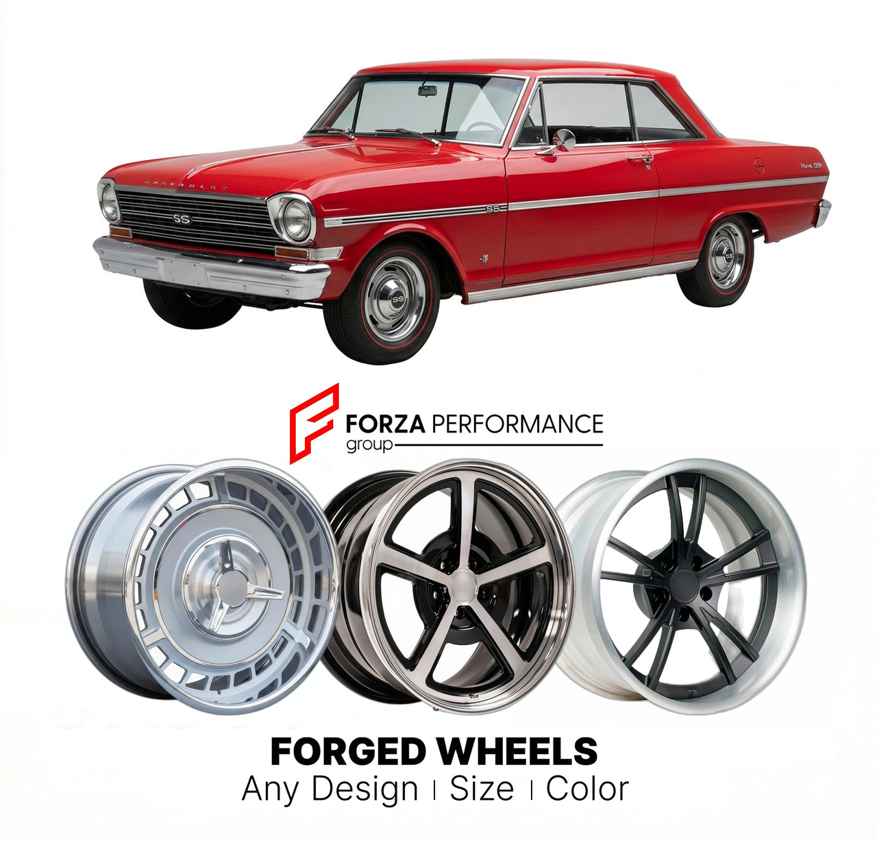 CUSTOM CLASSIC VINTAGE RESTOMOD RETRO OLD SCHOOL FORGED WHEELS RIMS for CHEVROLET NOVA SS 1963 - 1965
Custom forged wheels for classic American muscle cars. Ideal for restomod builds, vintage restorations, and show cars. Deep dish and retro styling available.

We manufacture premium quality forged wheels rims for Chevrolet Nova SS 1963 - 1965 in any design, size, color.

THIS WHEEL DESIGN CAN BE CUSTOM-MADE FOR YOUR CAR IN ANY SIZE AND COLOR OPTIONS
Available in monoblock, 2-piece, 3-piece, duoblock, beadlo
