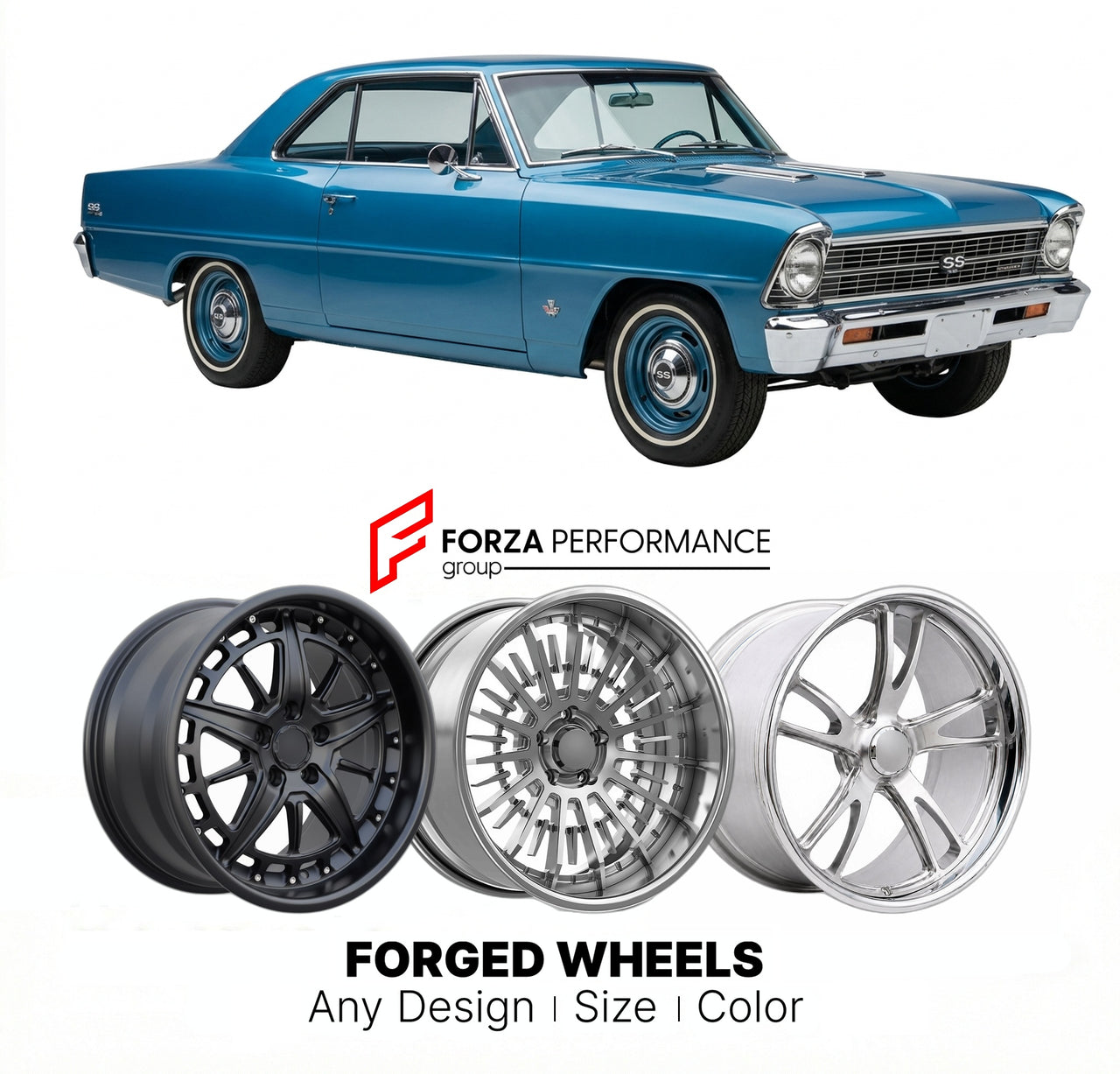CUSTOM CLASSIC VINTAGE RESTOMOD RETRO OLD SCHOOL FORGED WHEELS RIMS for CHEVROLET NOVA SS 1966 - 1967
Custom forged wheels for classic American muscle cars. Ideal for restomod builds, vintage restorations, and show cars. Deep dish and retro styling available.

We manufacture premium quality forged wheels rims for Chevrolet Nova SS 1966 - 1967 in any design, size, color.

THIS WHEEL DESIGN CAN BE CUSTOM-MADE FOR YOUR CAR IN ANY SIZE AND COLOR OPTIONS
Available in monoblock, 2-piece, 3-piece, duoblock, beadlo