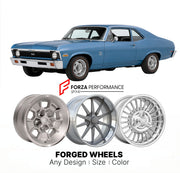 CUSTOM CLASSIC VINTAGE RESTOMOD RETRO OLD SCHOOL FORGED WHEELS RIMS for CHEVROLET NOVA SS 1968 - 1972
Custom forged wheels for classic American muscle cars. Ideal for restomod builds, vintage restorations, and show cars. Deep dish and retro styling available.

We manufacture premium quality forged wheels rims for Chevrolet Nova SS 1968 - 1972 in any design, size, color.

THIS WHEEL DESIGN CAN BE CUSTOM-MADE FOR YOUR CAR IN ANY SIZE AND COLOR OPTIONS
Available in monoblock, 2-piece, 3-piece, duoblock, beadlo