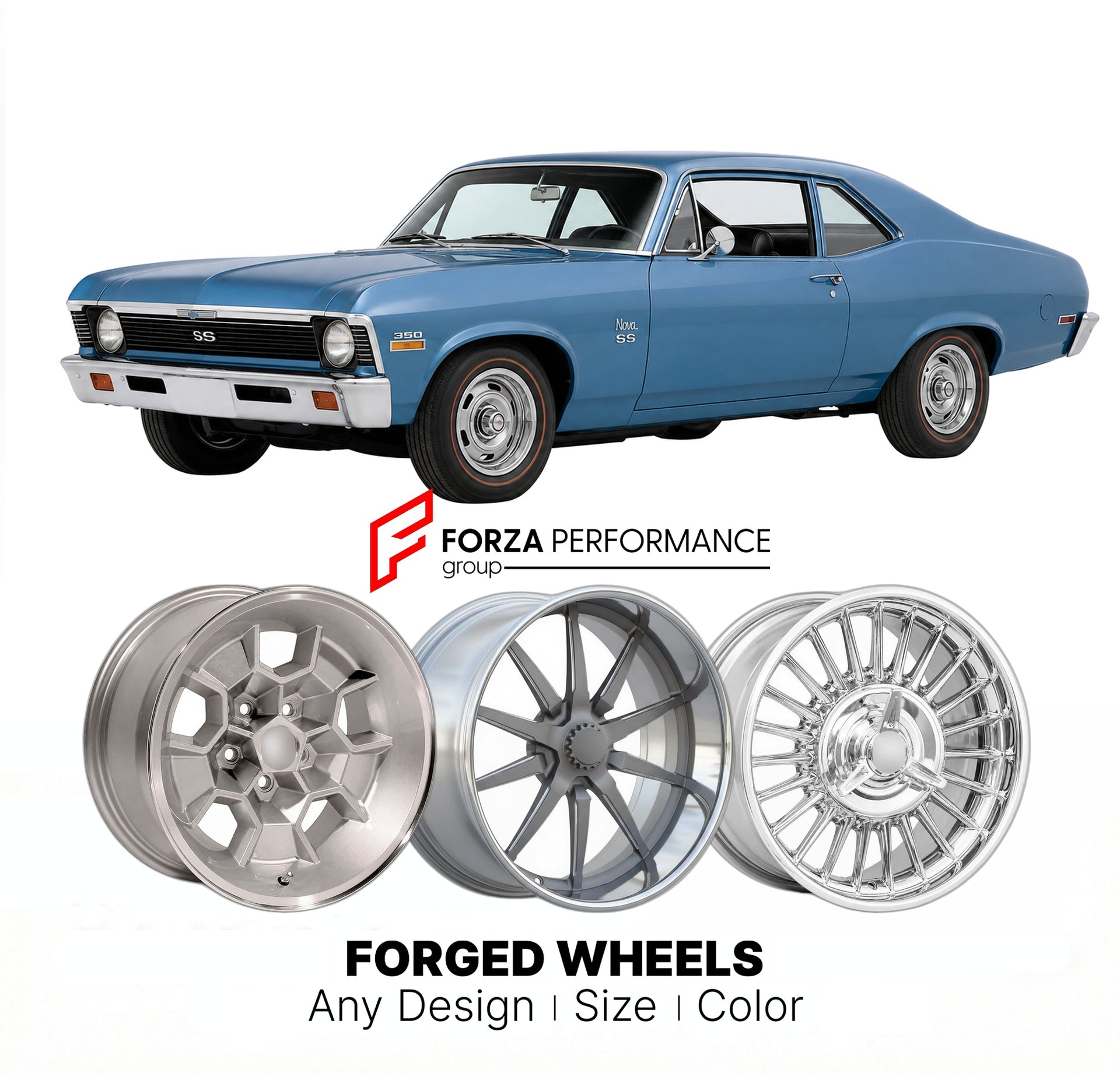 CUSTOM CLASSIC VINTAGE RESTOMOD RETRO OLD SCHOOL FORGED WHEELS RIMS for CHEVROLET NOVA SS 1968 - 1972
Custom forged wheels for classic American muscle cars. Ideal for restomod builds, vintage restorations, and show cars. Deep dish and retro styling available.

We manufacture premium quality forged wheels rims for Chevrolet Nova SS 1968 - 1972 in any design, size, color.

THIS WHEEL DESIGN CAN BE CUSTOM-MADE FOR YOUR CAR IN ANY SIZE AND COLOR OPTIONS
Available in monoblock, 2-piece, 3-piece, duoblock, beadlo