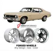 CUSTOM CLASSIC VINTAGE RESTOMOD RETRO OLD SCHOOL FORGED WHEELS RIMS for CHEVROLET NOVA SS 1973 - 1974
Custom forged wheels for classic American muscle cars. Ideal for restomod builds, vintage restorations, and show cars. Deep dish and retro styling available.

We manufacture premium quality forged wheels rims for Chevrolet Nova SS 1973 - 1974 in any design, size, color.

THIS WHEEL DESIGN CAN BE CUSTOM-MADE FOR YOUR CAR IN ANY SIZE AND COLOR OPTIONS
Available in monoblock, 2-piece, 3-piece, duoblock, beadlo