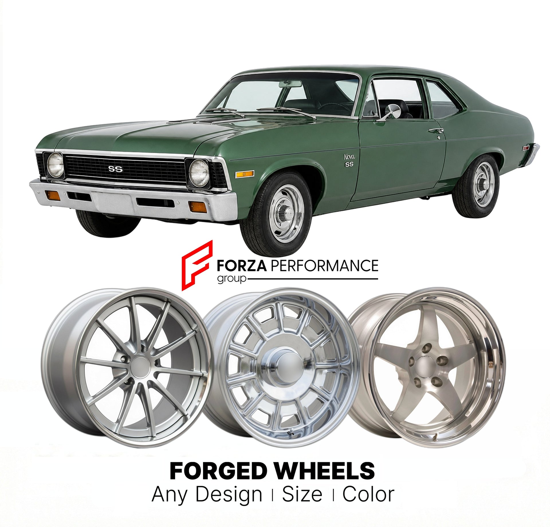 CUSTOM CLASSIC VINTAGE RESTOMOD RETRO OLD SCHOOL FORGED WHEELS RIMS for CHEVROLET NOVA SS 1975 - 1979
Custom forged wheels for classic American muscle cars. Ideal for restomod builds, vintage restorations, and show cars. Deep dish and retro styling available.

We manufacture premium quality forged wheels rims for Chevrolet Nova SS 1975 - 1979 in any design, size, color.

THIS WHEEL DESIGN CAN BE CUSTOM-MADE FOR YOUR CAR IN ANY SIZE AND COLOR OPTIONS
Available in monoblock, 2-piece, 3-piece, duoblock, beadlo