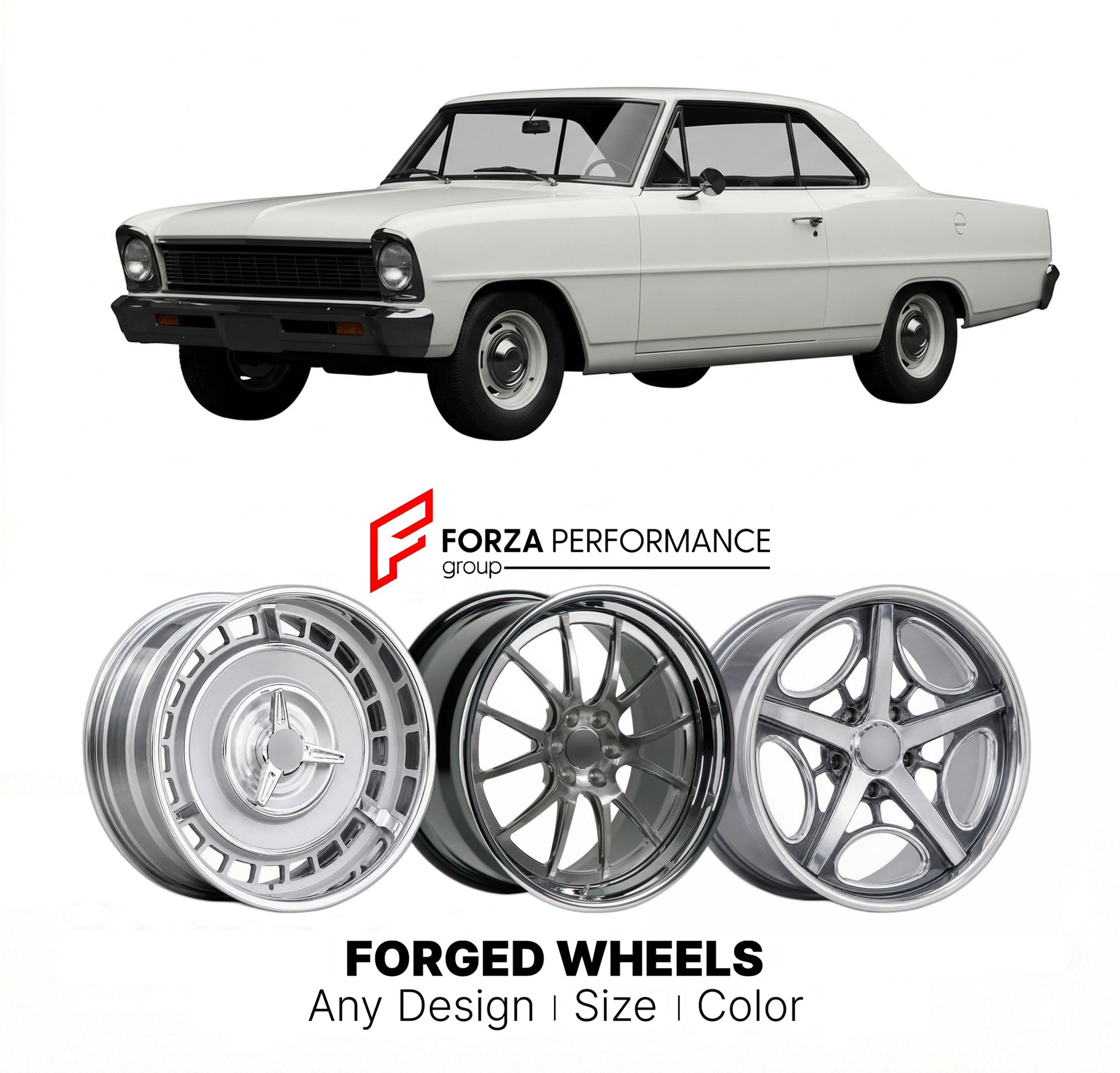 CUSTOM CLASSIC VINTAGE RESTOMOD RETRO OLD SCHOOL FORGED WHEELS RIMS for CHEVROLET NOVA SS 327 1966 - 1967
Custom forged wheels for classic American muscle cars. Ideal for restomod builds, vintage restorations, and show cars. Deep dish and retro styling available.

We manufacture premium quality forged wheels rims for Chevrolet Nova SS 327 1966 - 1967 in any design, size, color.

THIS WHEEL DESIGN CAN BE CUSTOM-MADE FOR YOUR CAR IN ANY SIZE AND COLOR OPTIONS
Available in monoblock, 2-piece, 3-piece, duoblock