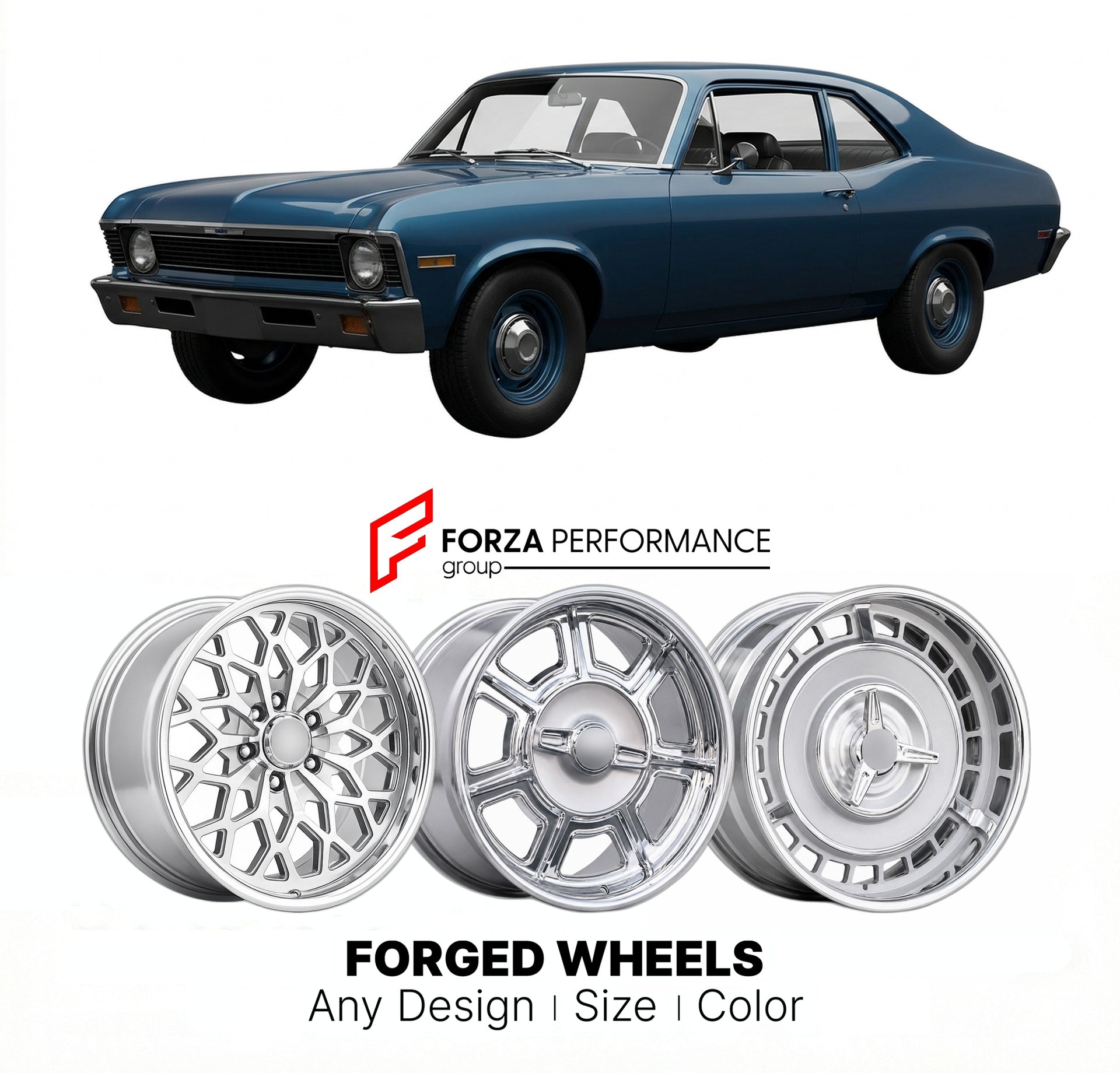 CUSTOM CLASSIC VINTAGE RESTOMOD RETRO OLD SCHOOL FORGED WHEELS RIMS for CHEVROLET NOVA SS 396 1968 - 1970
Custom forged wheels for classic American muscle cars. Ideal for restomod builds, vintage restorations, and show cars. Deep dish and retro styling available.

We manufacture premium quality forged wheels rims for Chevrolet Nova SS 396 1968 - 1970 in any design, size, color.

THIS WHEEL DESIGN CAN BE CUSTOM-MADE FOR YOUR CAR IN ANY SIZE AND COLOR OPTIONS
Available in monoblock, 2-piece, 3-piece, duoblock