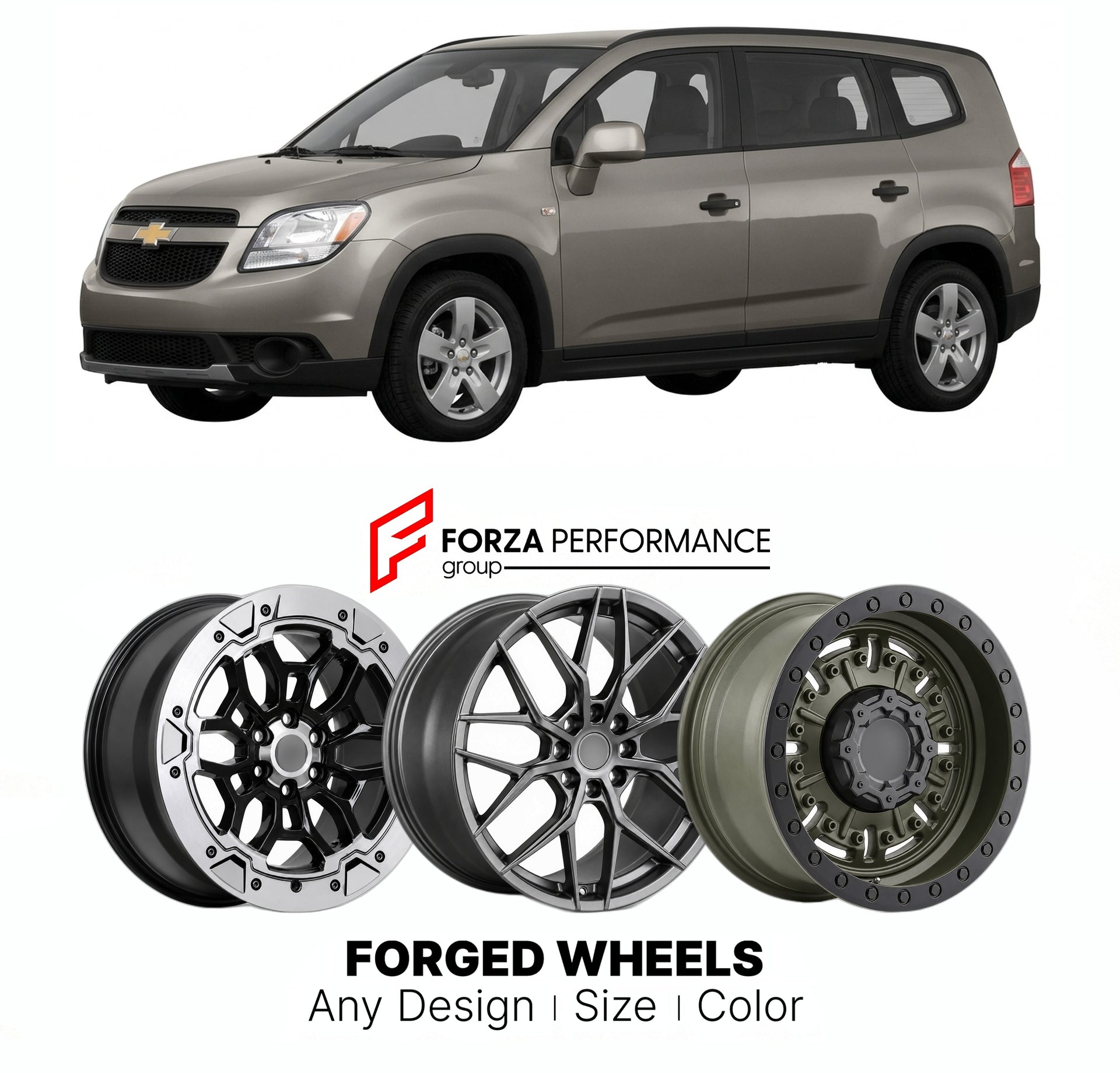 FORGED WHEELS RIMS for CHEVROLET ORLANDO 2011 - 2014

Custom forged wheels for Chevrolet Orlando 2011 - 2014. Made-to-order monoblock, 2-piece and 3-piece rims in custom sizes, offsets, colors and finishes with guaranteed fitment.

We manufacture premium quality forged wheels rims for Chevrolet Orlando 2011 - 2014 in any design, size, color.

THIS WHEEL DESIGN CAN BE CUSTOM-MADE FOR YOUR CAR IN ANY SIZE AND COLOR OPTIONS
Available in monoblock, 2-piece, 3-piece, duoblock, beadlock
3D wheel renderings are pr