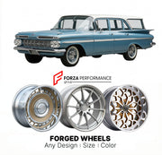 CUSTOM CLASSIC VINTAGE RESTOMOD RETRO OLD SCHOOL FORGED WHEELS RIMS for CHEVROLET PARKWOOD 1959 - 1961
Custom forged wheels for classic American muscle cars. Ideal for restomod builds, vintage restorations, and show cars. Deep dish and retro styling available.

We manufacture premium quality forged wheels rims for Chevrolet Parkwood 1959 - 1961 in any design, size, color.

THIS WHEEL DESIGN CAN BE CUSTOM-MADE FOR YOUR CAR IN ANY SIZE AND COLOR OPTIONS
Available in monoblock, 2-piece, 3-piece, duoblock, bead