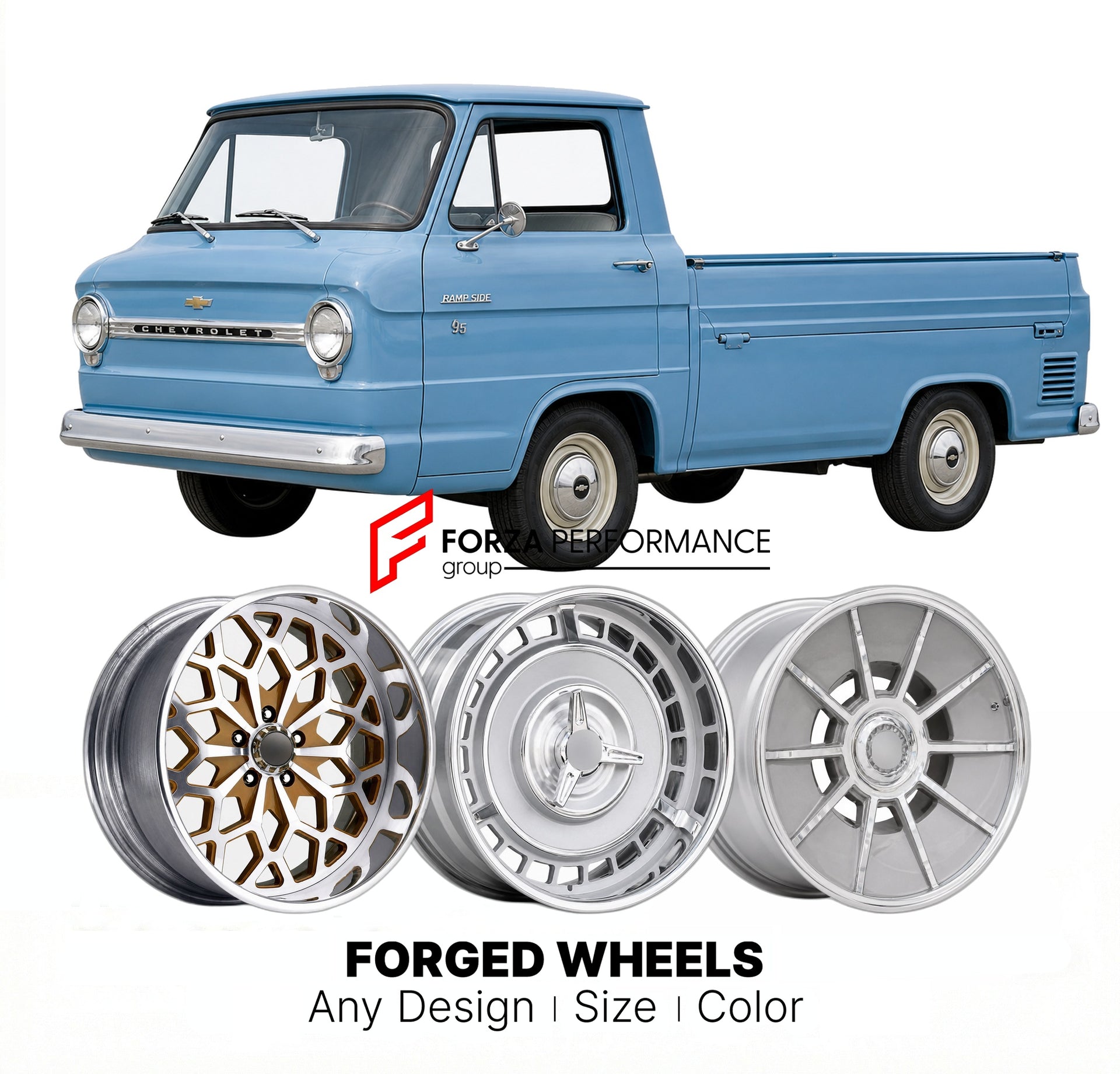 CUSTOM CLASSIC VINTAGE RESTOMOD RETRO OLD SCHOOL FORGED WHEELS RIMS for CHEVROLET RAMPSIDE 1961 - 1964
Custom forged wheels for classic American muscle cars. Ideal for restomod builds, vintage restorations, and show cars. Deep dish and retro styling available.

We manufacture premium quality forged wheels rims for Chevrolet Rampside 1961 - 1964 in any design, size, color.

THIS WHEEL DESIGN CAN BE CUSTOM-MADE FOR YOUR CAR IN ANY SIZE AND COLOR OPTIONS
Available in monoblock, 2-piece, 3-piece, duoblock, bead