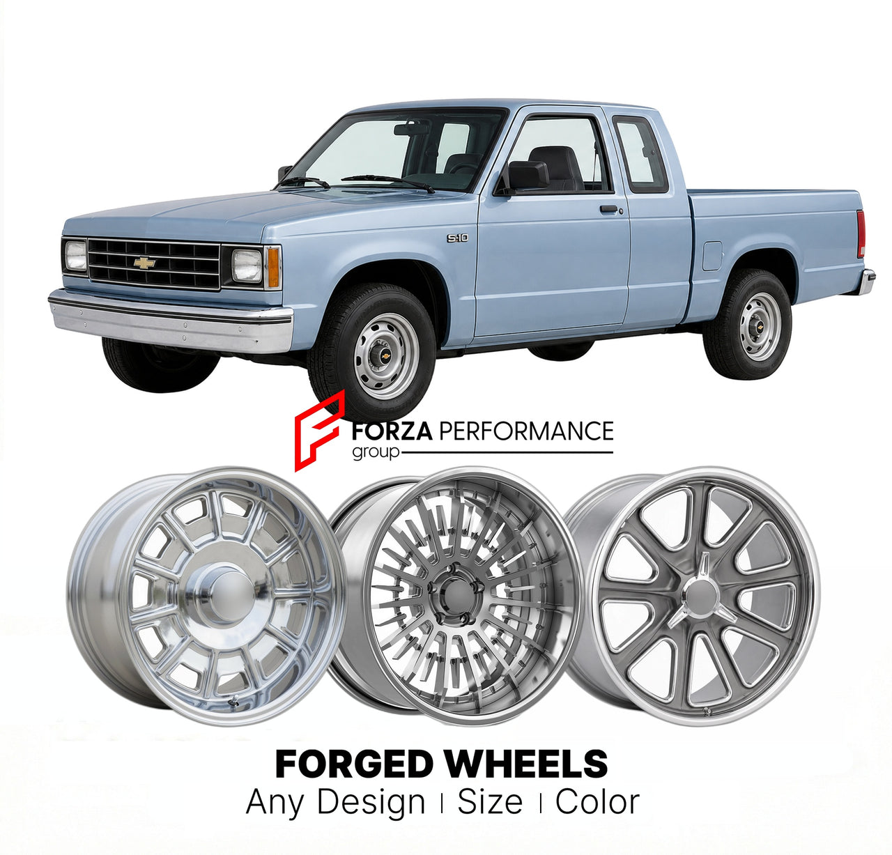 CUSTOM CLASSIC VINTAGE RESTOMOD RETRO OLD SCHOOL FORGED WHEELS RIMS for CHEVROLET S-10 EXTENDED CAB 1983 - 1990
Custom forged wheels for classic American muscle cars. Ideal for restomod builds, vintage restorations, and show cars. Deep dish and retro styling available.

We manufacture premium quality forged wheels rims for Chevrolet S-10 Extended Cab 1983 - 1990 in any design, size, color.

THIS WHEEL DESIGN CAN BE CUSTOM-MADE FOR YOUR CAR IN ANY SIZE AND COLOR OPTIONS
Available in monoblock, 2-piece, 3-pie