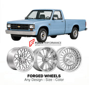 CUSTOM CLASSIC VINTAGE RESTOMOD RETRO OLD SCHOOL FORGED WHEELS RIMS for CHEVROLET S-10 PICKUP 1982 - 1990
Custom forged wheels for classic American muscle cars. Ideal for restomod builds, vintage restorations, and show cars. Deep dish and retro styling available.

We manufacture premium quality forged wheels rims for Chevrolet S-10 Pickup 1982 - 1990 in any design, size, color.

THIS WHEEL DESIGN CAN BE CUSTOM-MADE FOR YOUR CAR IN ANY SIZE AND COLOR OPTIONS
Available in monoblock, 2-piece, 3-piece, duoblock