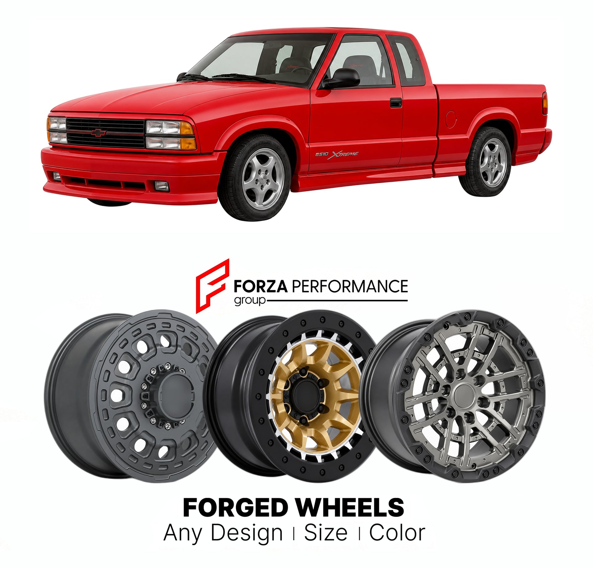 FORGED WHEELS RIMS for CHEVROLET S-10 XTREME 1994 - 2004

Custom forged wheels for Chevrolet S-10 Xtreme 1994 - 2004. Made-to-order monoblock, 2-piece and 3-piece rims in custom sizes, offsets, colors and finishes with guaranteed fitment.

We manufacture premium quality forged wheels rims for Chevrolet S-10 Xtreme 1994 - 2004 in any design, size, color.

THIS WHEEL DESIGN CAN BE CUSTOM-MADE FOR YOUR CAR IN ANY SIZE AND COLOR OPTIONS
Available in monoblock, 2-piece, 3-piece, duoblock, beadlock
3D wheel rende