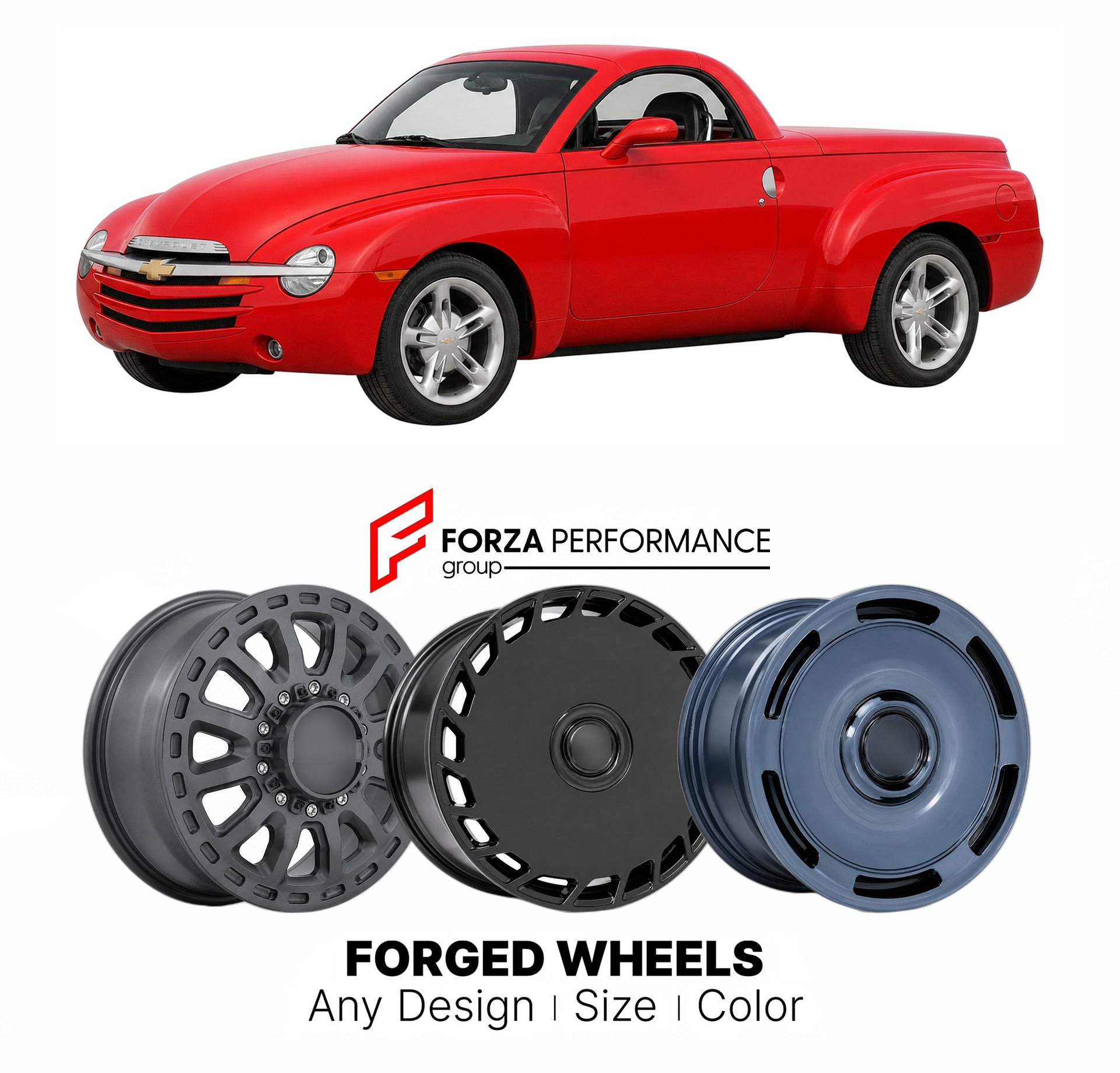 FORGED WHEELS RIMS for CHEVROLET SSR CONVERTIBLE PICKUP 2003 - 2006

Custom forged wheels for Chevrolet SSR Convertible Pickup 2003 - 2006. Made-to-order monoblock, 2-piece and 3-piece rims in custom sizes, offsets, colors and finishes with guaranteed fitment.

We manufacture premium quality forged wheels rims for Chevrolet SSR Convertible Pickup 2003 - 2006 in any design, size, color.

THIS WHEEL DESIGN CAN BE CUSTOM-MADE FOR YOUR CAR IN ANY SIZE AND COLOR OPTIONS
Available in monoblock, 2-piece, 3-piece, 