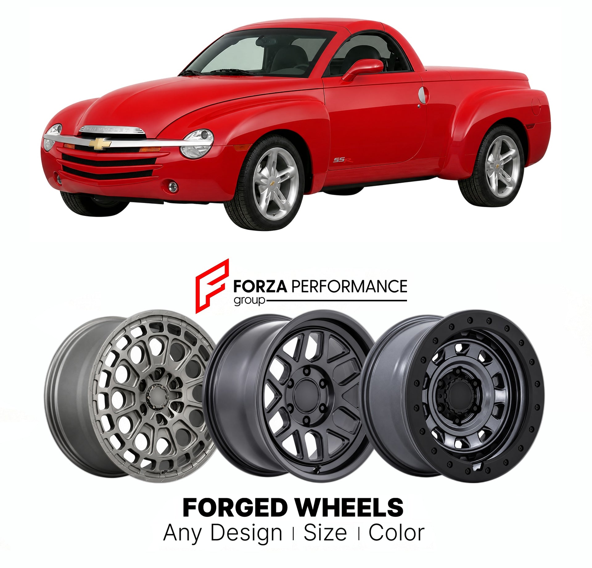 FORGED WHEELS RIMS for CHEVROLET SSR FINAL PRODUCTION RUN 2003 - 2006

Custom forged wheels for Chevrolet SSR Final Production Run 2003 - 2006. Made-to-order monoblock, 2-piece and 3-piece rims in custom sizes, offsets, colors and finishes with guaranteed fitment.

We manufacture premium quality forged wheels rims for Chevrolet SSR Final Production Run 2003 - 2006 in any design, size, color.

THIS WHEEL DESIGN CAN BE CUSTOM-MADE FOR YOUR CAR IN ANY SIZE AND COLOR OPTIONS
Available in monoblock, 2-piece, 3-p