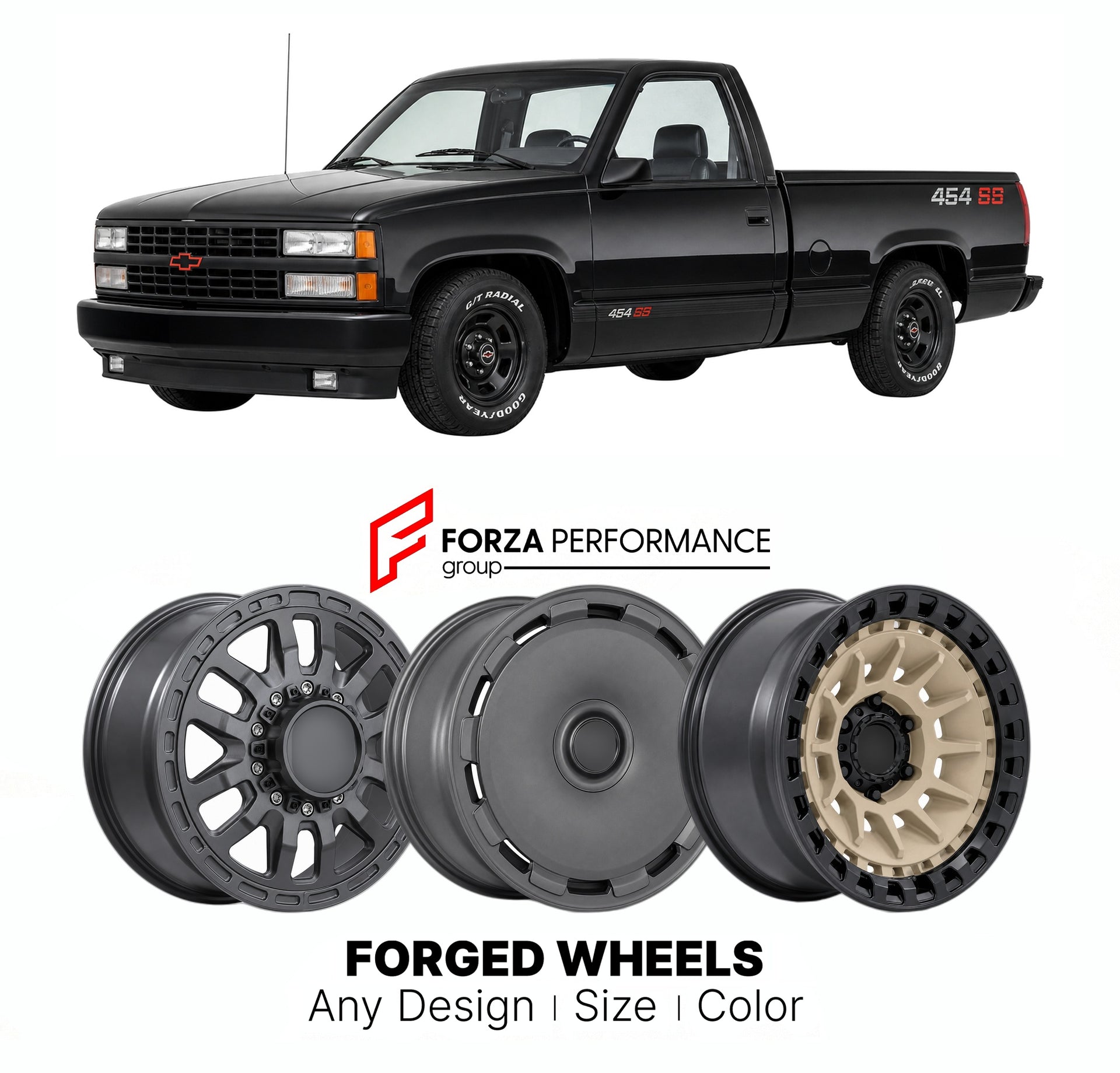 FORGED WHEELS RIMS for CHEVROLET SILVERADO 1500 454 SS GMT400 1990 - 1998

Custom forged wheels for Chevrolet Silverado 1500 454 SS GMT400 1990 - 1998. Made-to-order monoblock, 2-piece and 3-piece rims in custom sizes, offsets, colors and finishes with guaranteed fitment.

We manufacture premium quality forged wheels rims for Chevrolet Silverado 1500 454 SS GMT400 1990 - 1998 in any design, size, color.

THIS WHEEL DESIGN CAN BE CUSTOM-MADE FOR YOUR CAR IN ANY SIZE AND COLOR OPTIONS
Available in monoblock, 